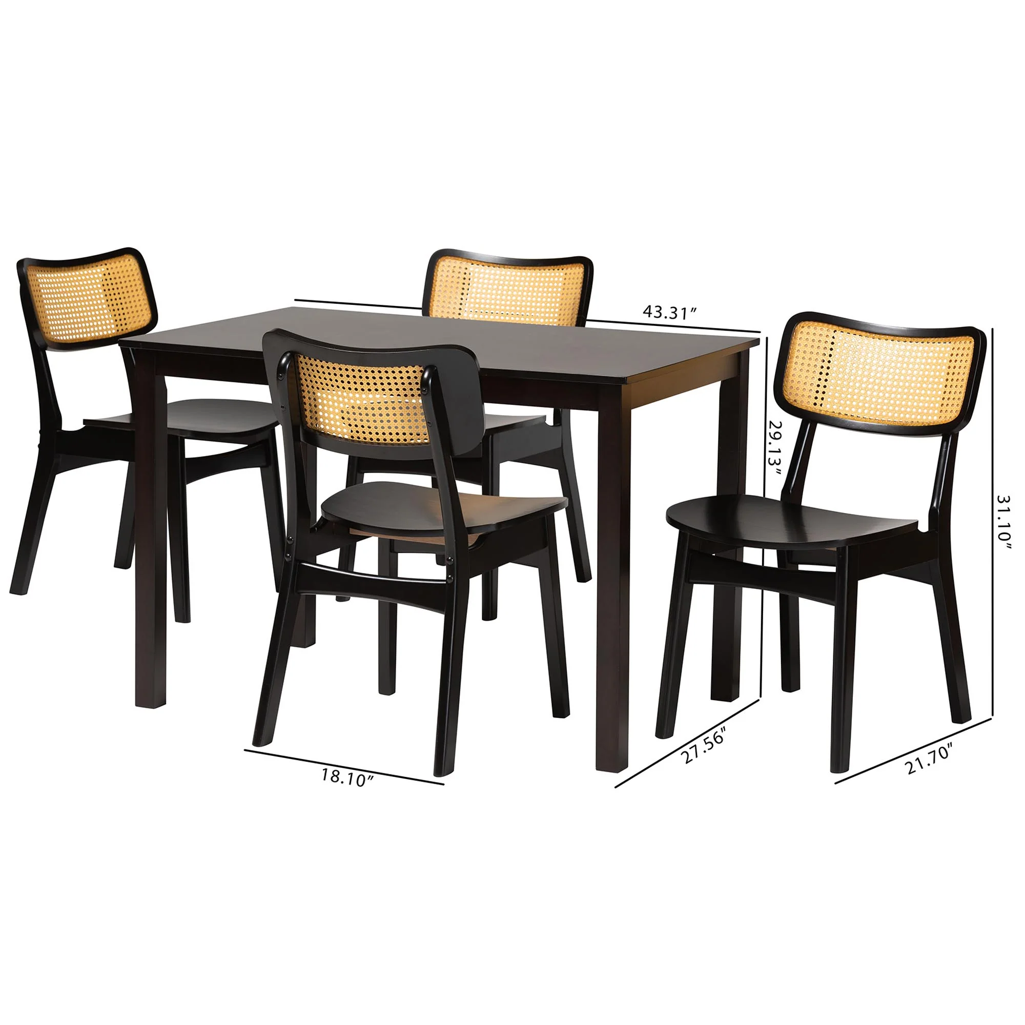 Baxton Studio Estera Mid-Century Modern Dark Brown Finished Wood and Rattan 5-Piece Dining Set - Image 3