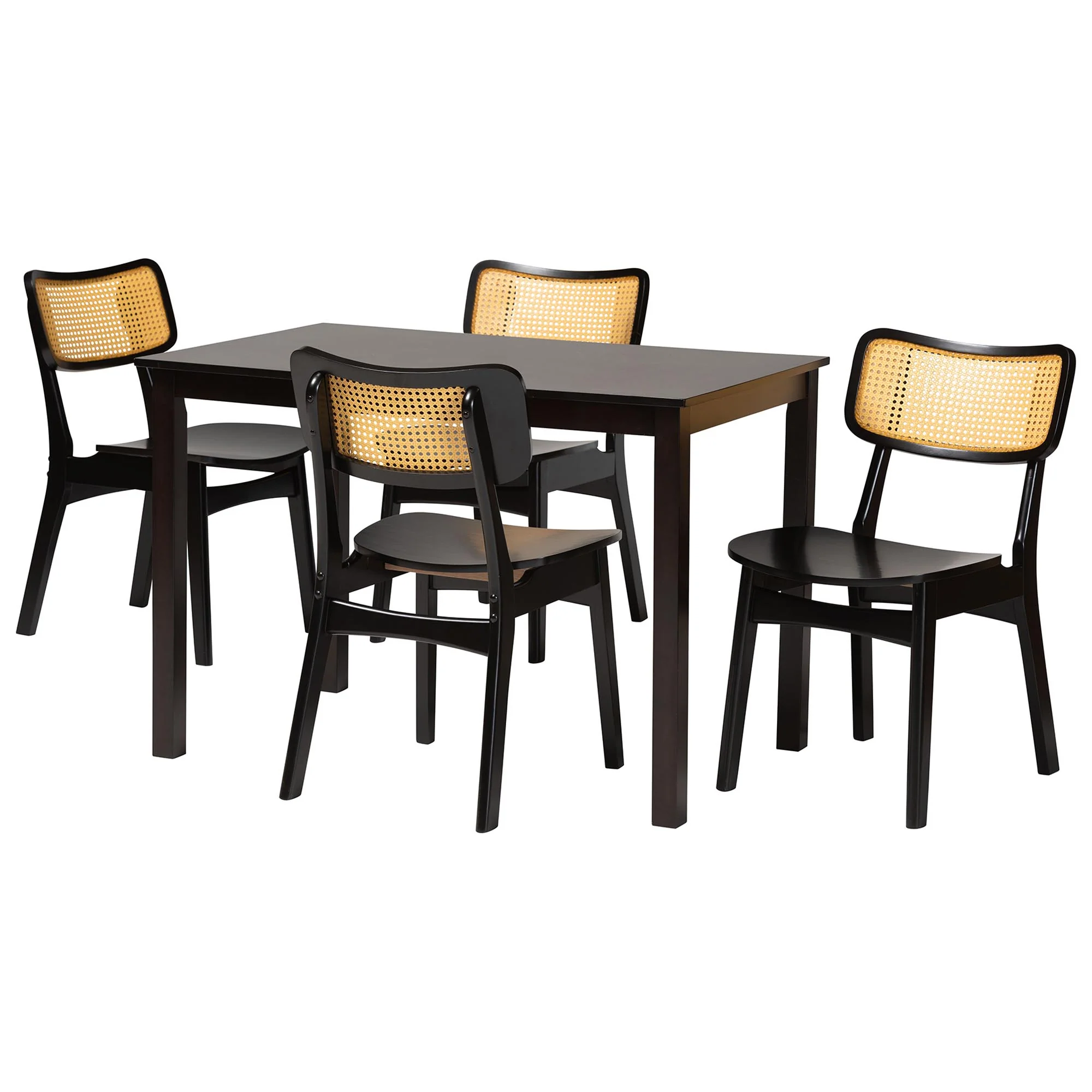 Baxton Studio Estera Mid-Century Modern Dark Brown Finished Wood and Rattan 5-Piece Dining Set - Image 4