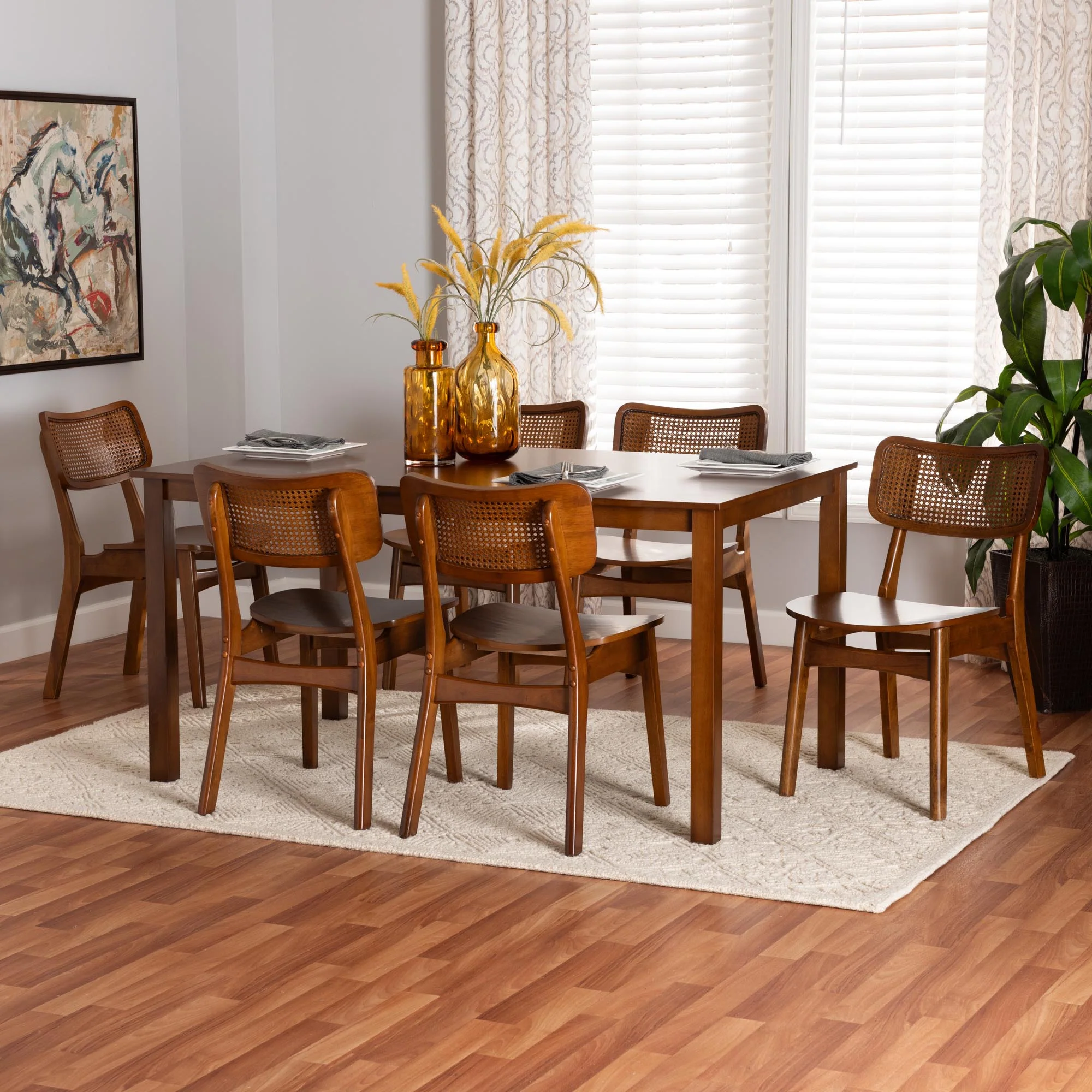 Baxton Studio Estera Mid-Century Modern Dark Brown Finished Wood and Rattan 7-Piece Dining Set - Image 11