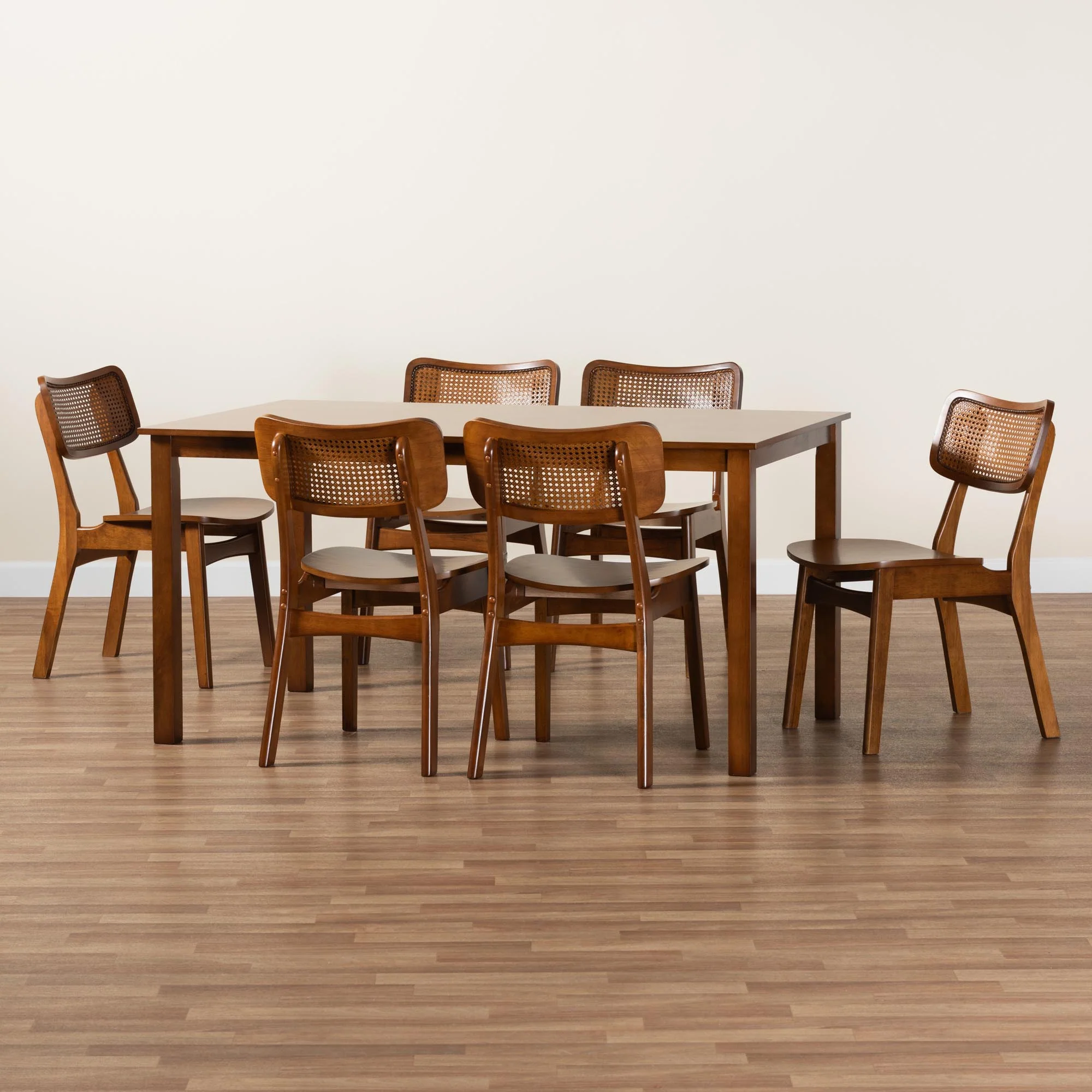 Baxton Studio Estera Mid-Century Modern Dark Brown Finished Wood and Rattan 7-Piece Dining Set - Image 12