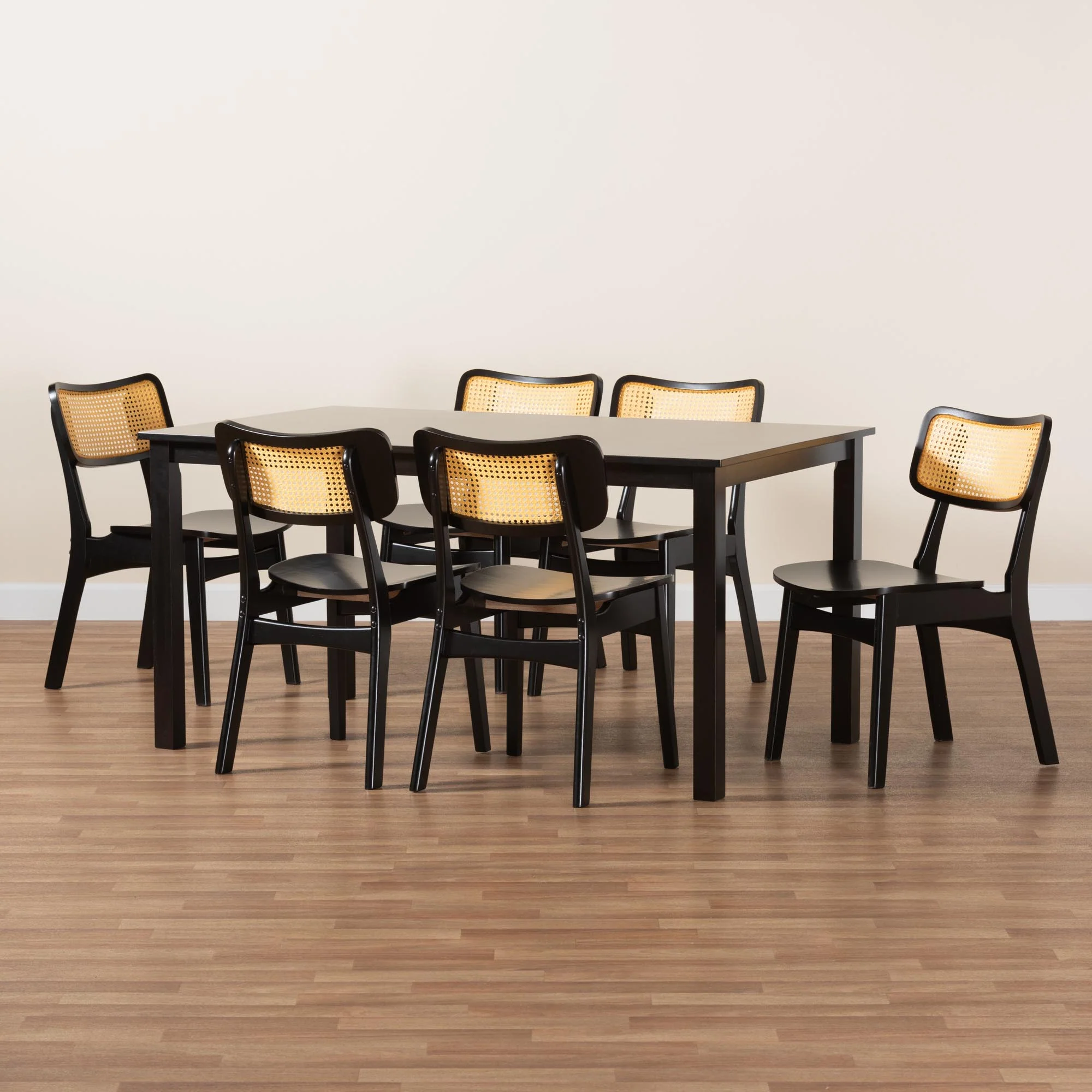 Baxton Studio Estera Mid-Century Modern Dark Brown Finished Wood and Rattan 7-Piece Dining Set - Image 2