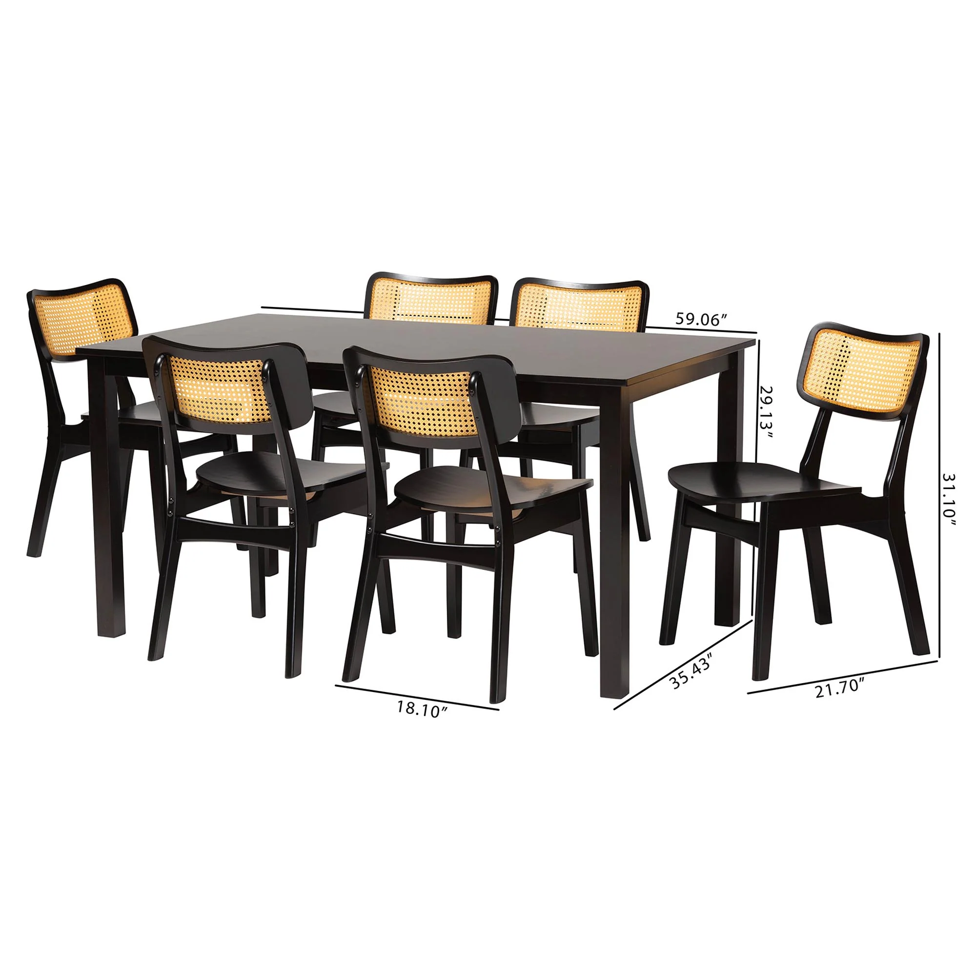 Baxton Studio Estera Mid-Century Modern Dark Brown Finished Wood and Rattan 7-Piece Dining Set - Image 3