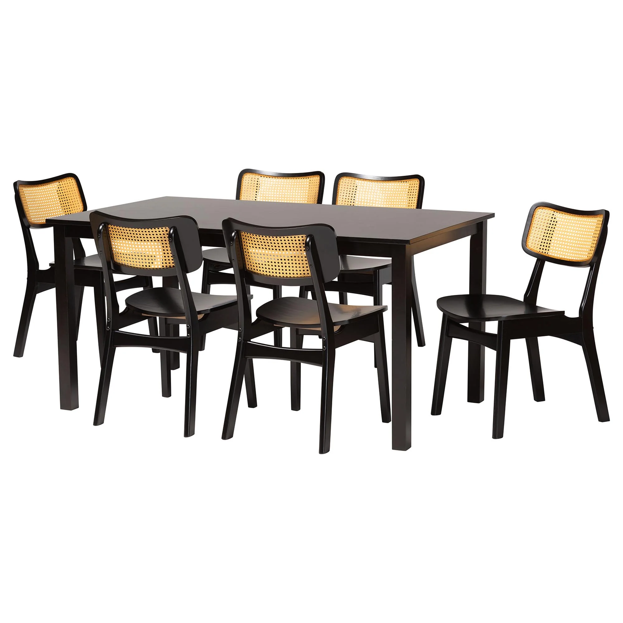 Baxton Studio Estera Mid-Century Modern Dark Brown Finished Wood and Rattan 7-Piece Dining Set - Image 4