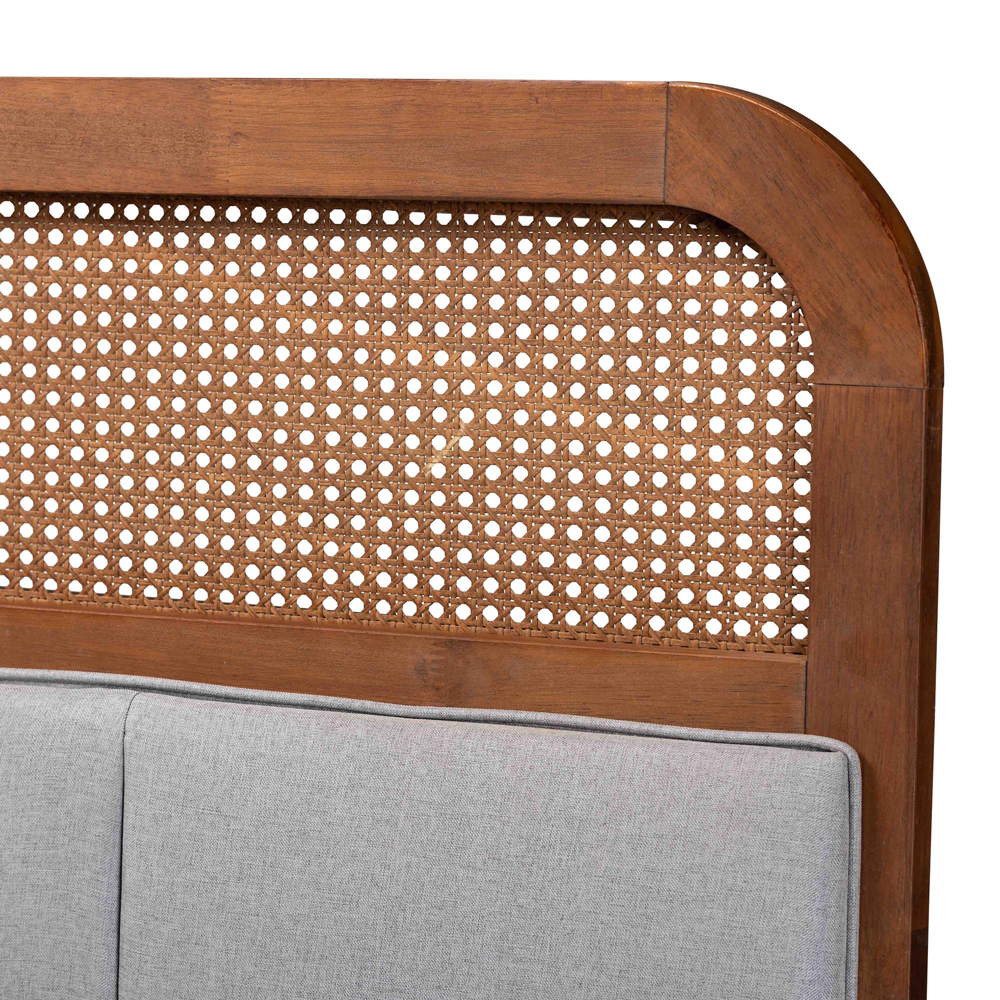 Baxton Studio Esti Mid-Century Modern Light Grey Fabric and Ash Walnut Finished Wood Queen Size Headboard with Rattan - Image 4