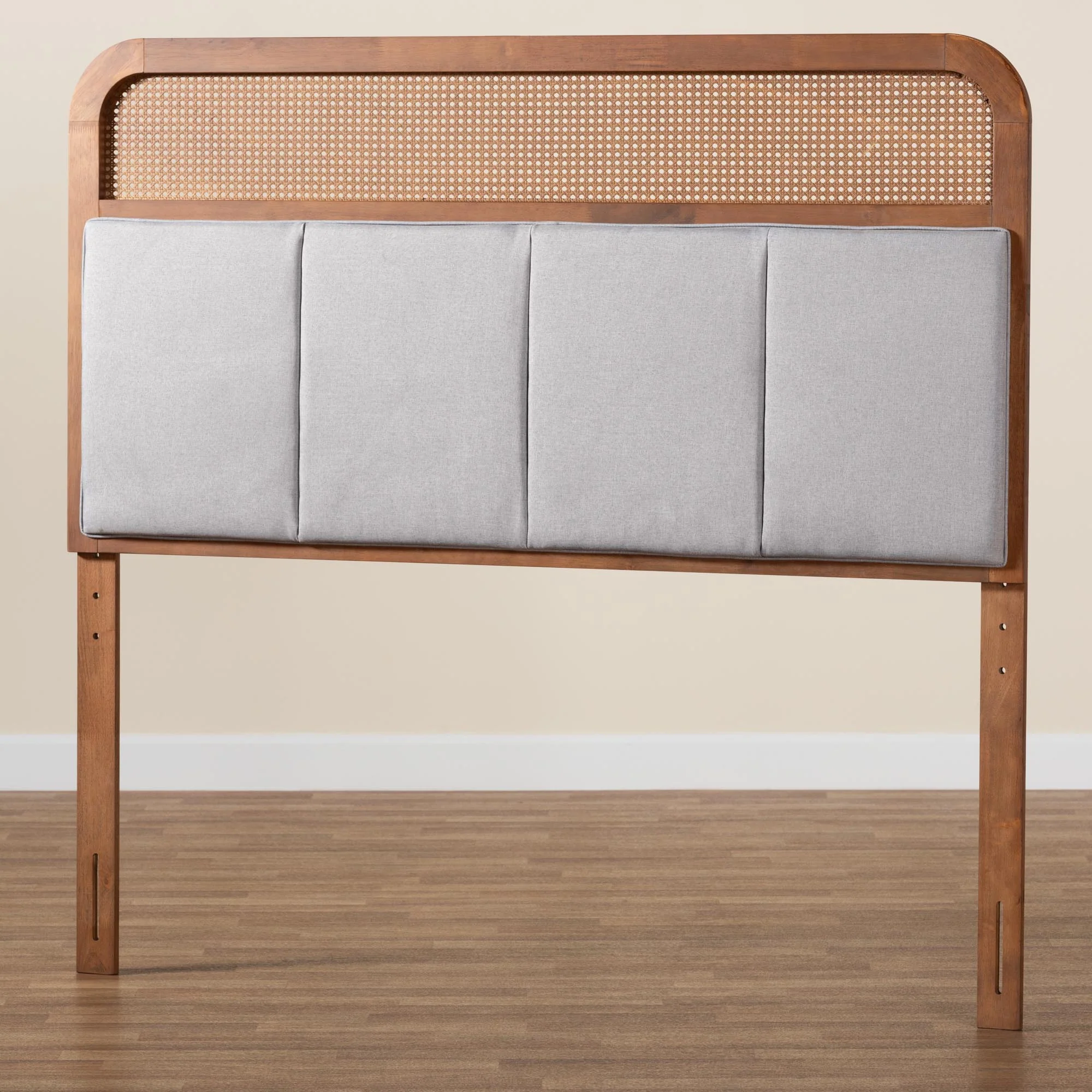 Baxton Studio Esti Mid-Century Modern Light Grey Fabric and Ash Walnut Finished Wood Queen Size Headboard with Rattan - Image 6
