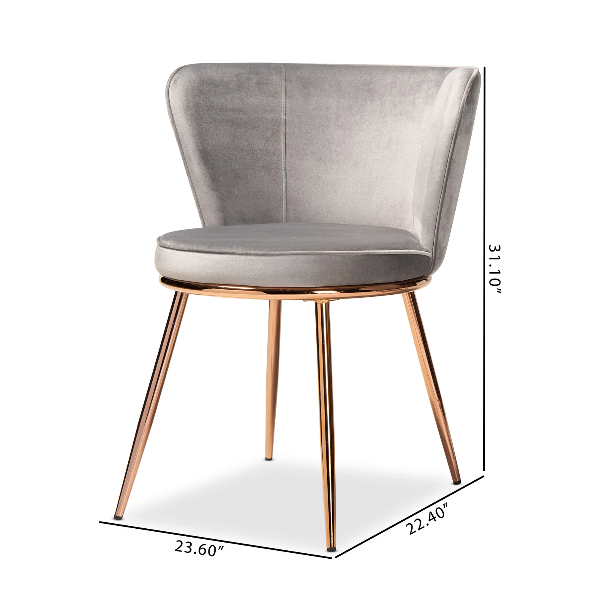 Baxton Studio Farah Modern Luxe and Glam Grey Velvet Fabric Upholstered and Rose Gold Finished Metal 2-Piece Dining Chair Set - Image 3