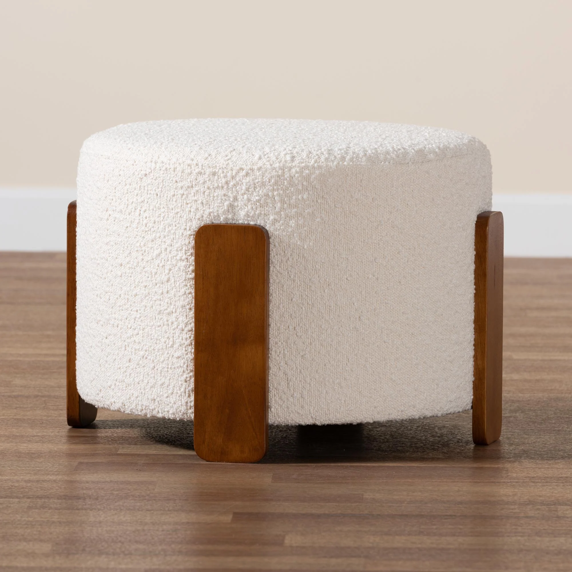 Baxton Studio Finlay Modern Japandi Cream Boucle Fabric and Walnut Brown Finished Wood Ottoman Footstool - Image 6