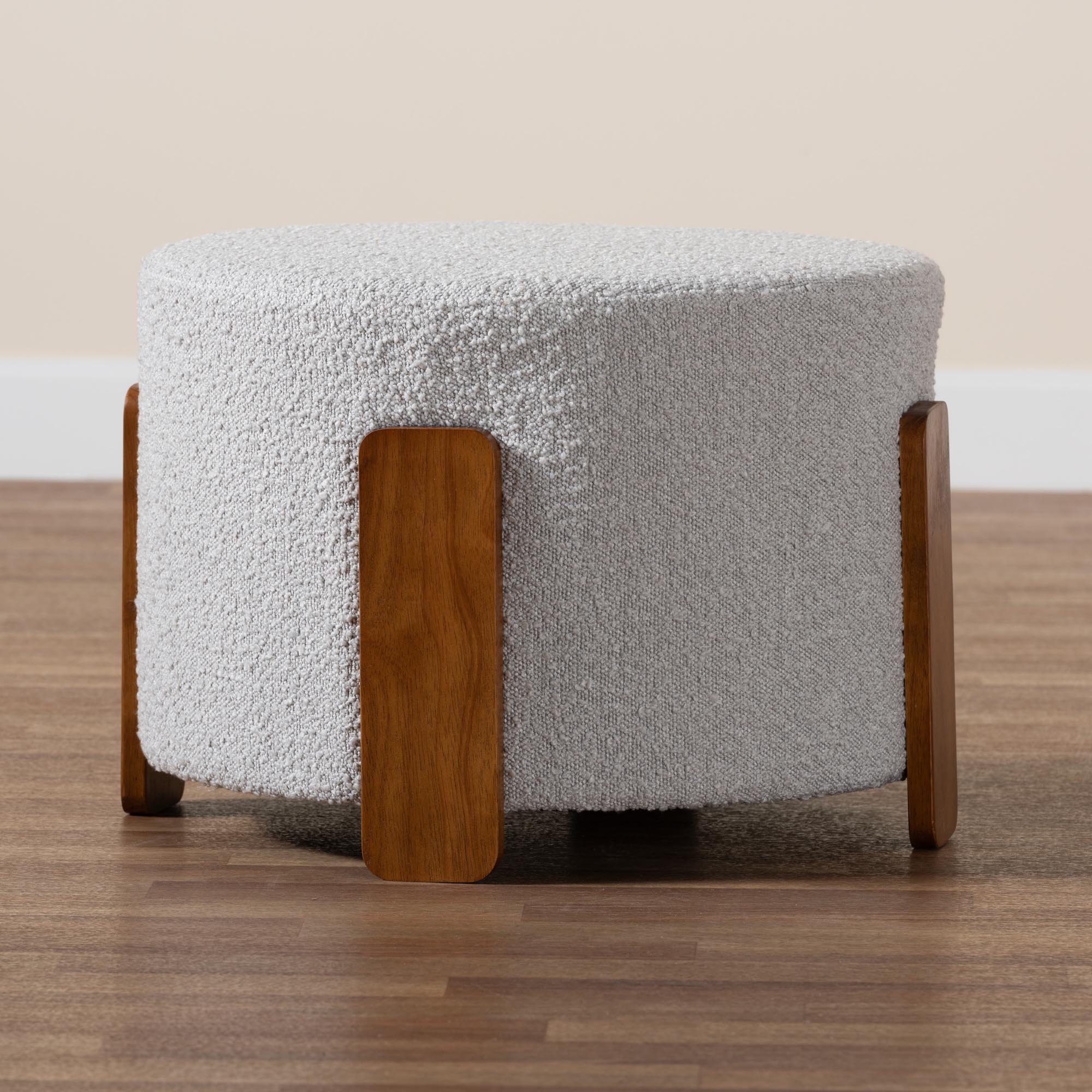 Baxton Studio Finlay Modern Japandi Light Grey Boucle Fabric and Walnut Brown Finished Wood Ottoman Footstool - Image 6