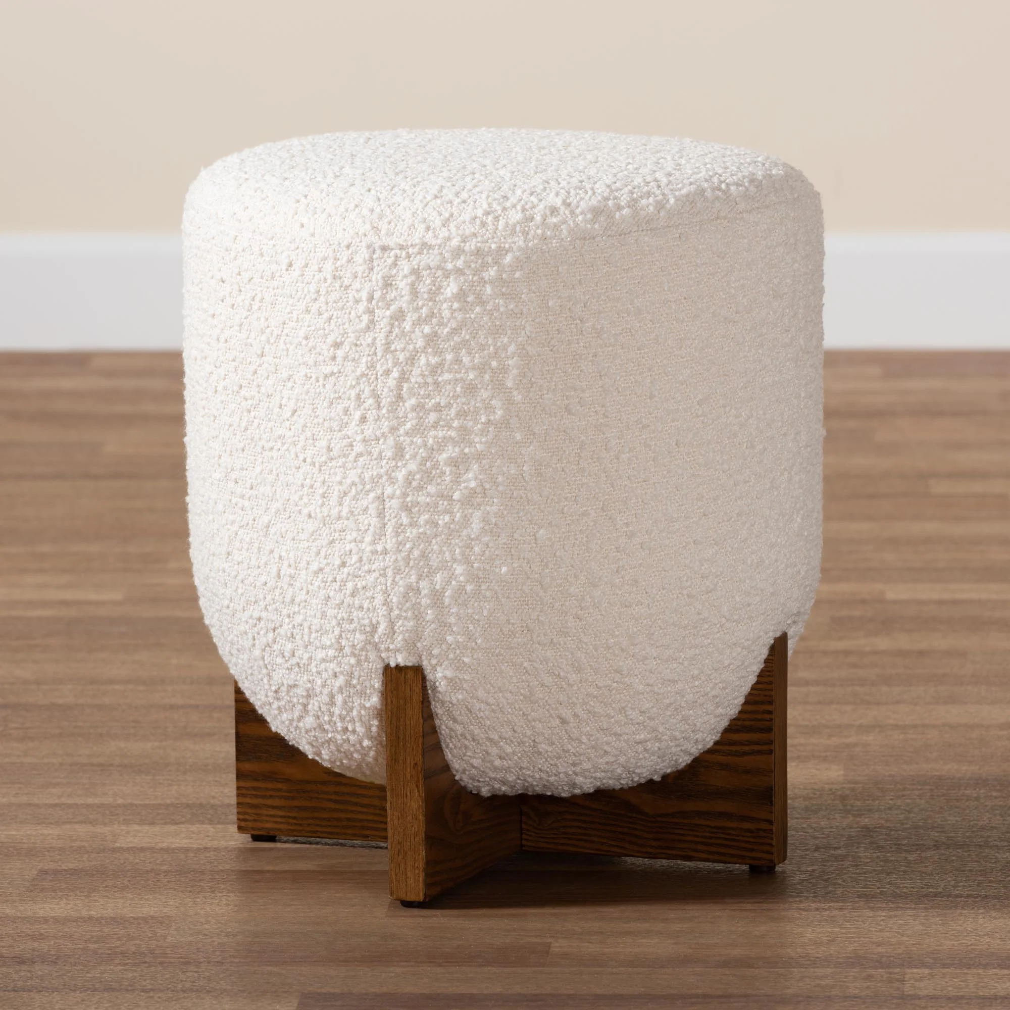 Baxton Studio Fisk Japandi Cream Boucle Fabric and Walnut Brown Finished Wood Ottoman Footstool - Image 7