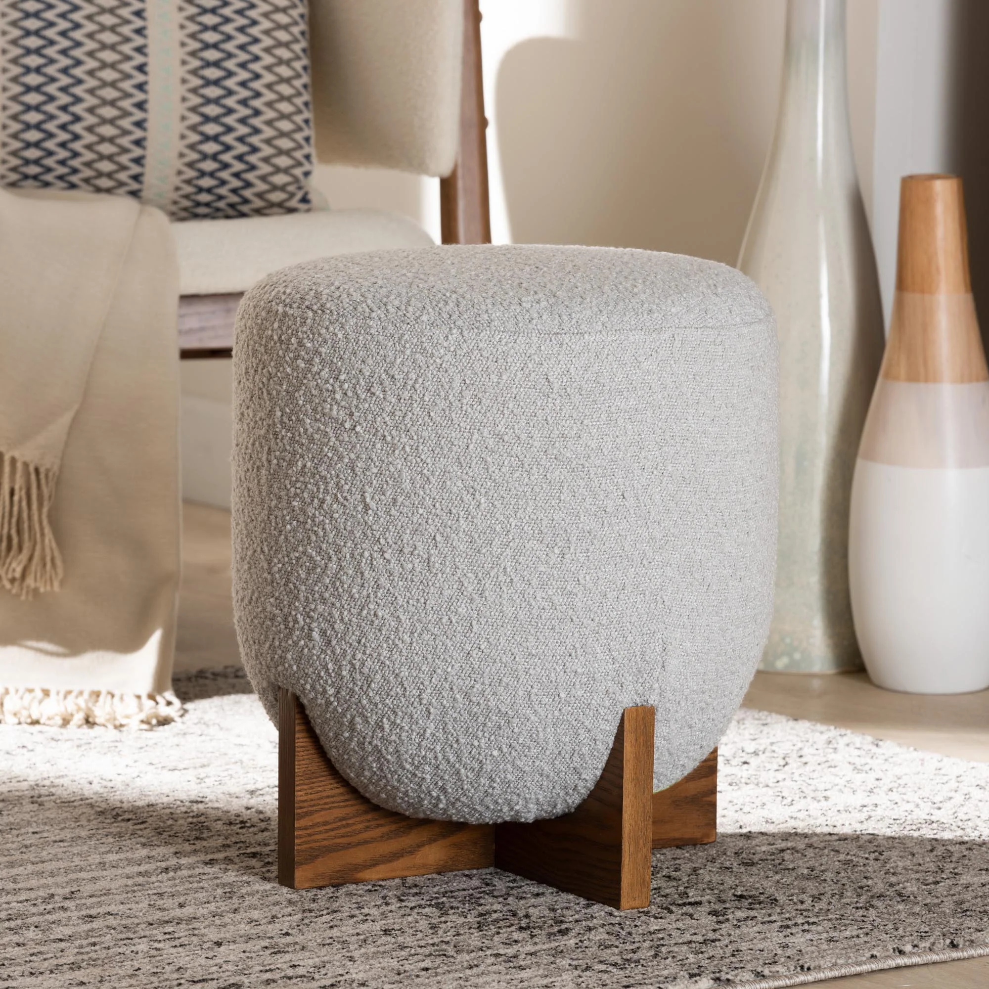 Baxton Studio Fisk Japandi Cream Boucle Fabric and Walnut Brown Finished Wood Ottoman Footstool - Image 9