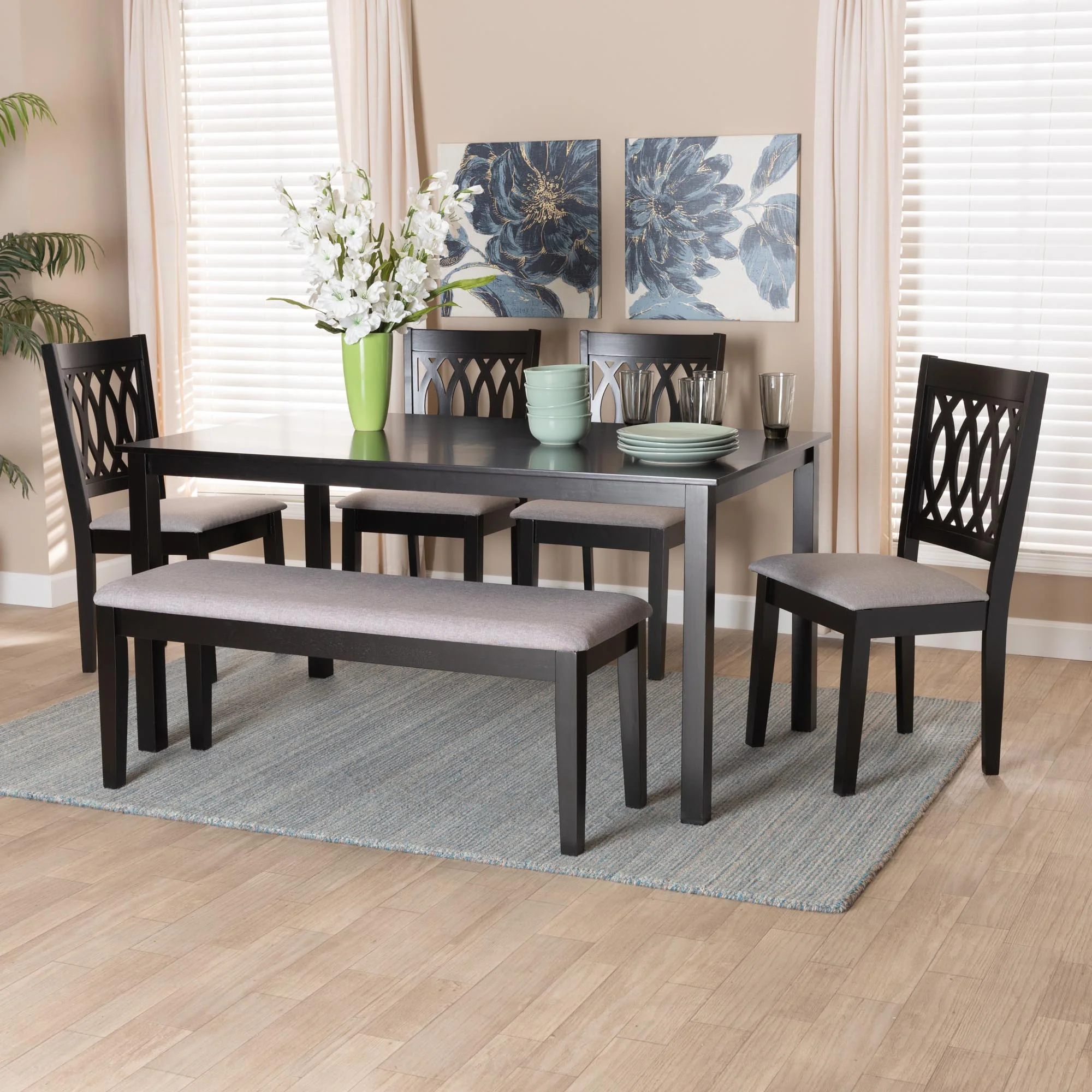 Baxton Studio Florencia Modern Beige Fabric and Espresso Brown Finished Wood 6-Piece Dining Set - Image 12