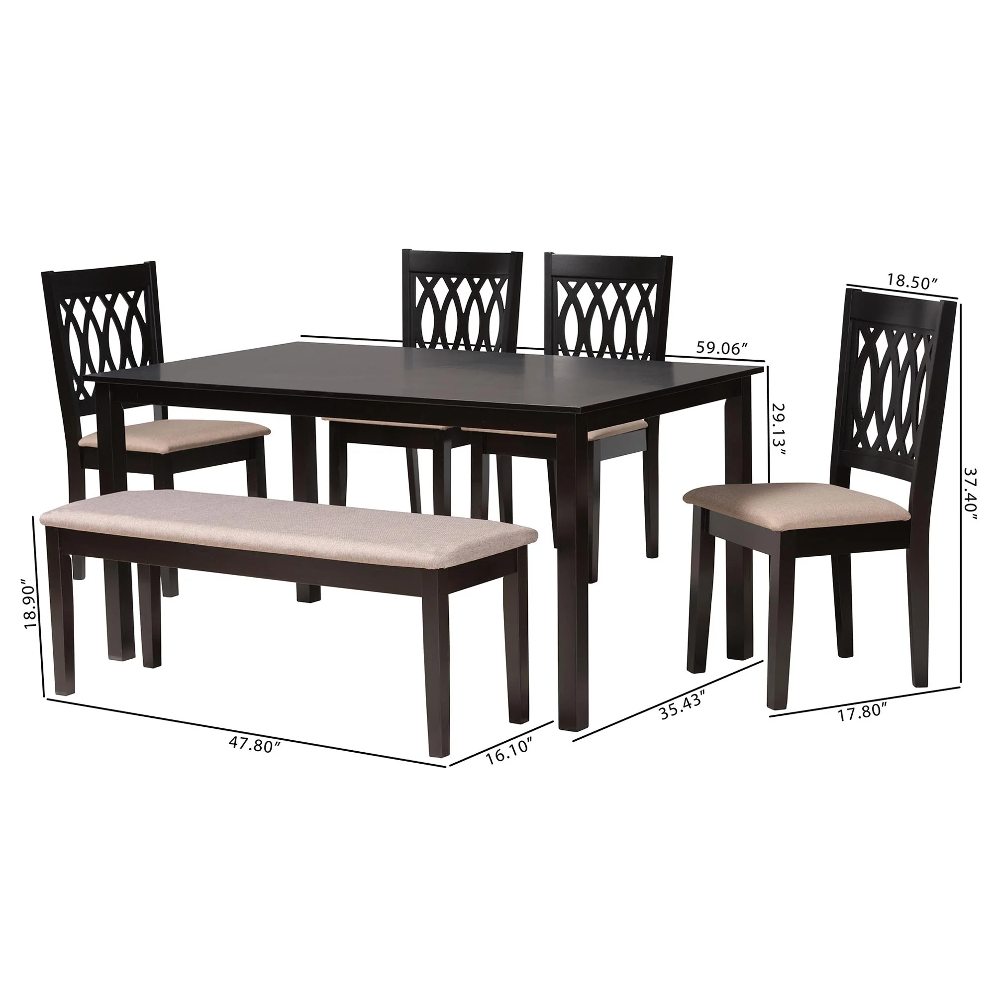 Baxton Studio Florencia Modern Beige Fabric and Espresso Brown Finished Wood 6-Piece Dining Set - Image 4