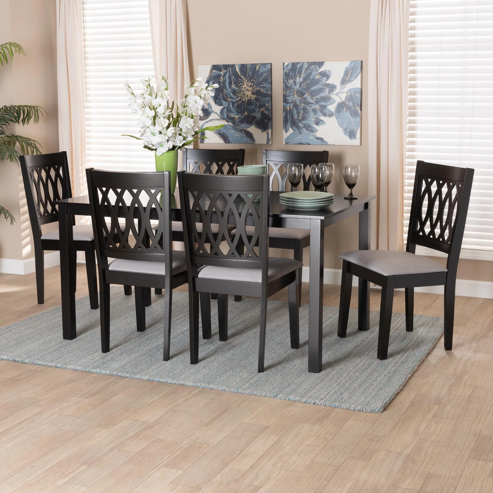 Baxton Studio Florencia Modern Beige Fabric and Espresso Brown Finished Wood 7-Piece Dining Set - Image 11
