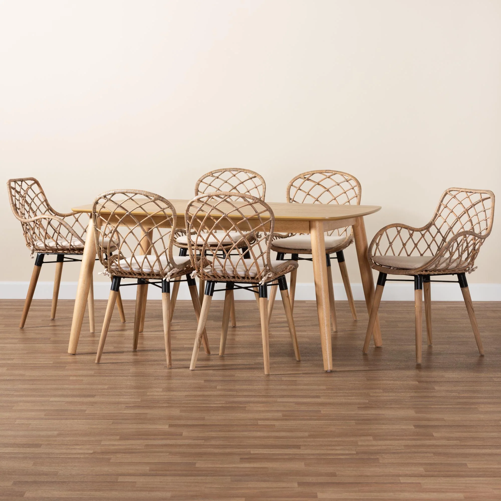 Baxton Studio Gedali Modern Bohemian Greywashed Rattan and Natural Brown Finished Wood 7-Piece Dining Set - Image 4