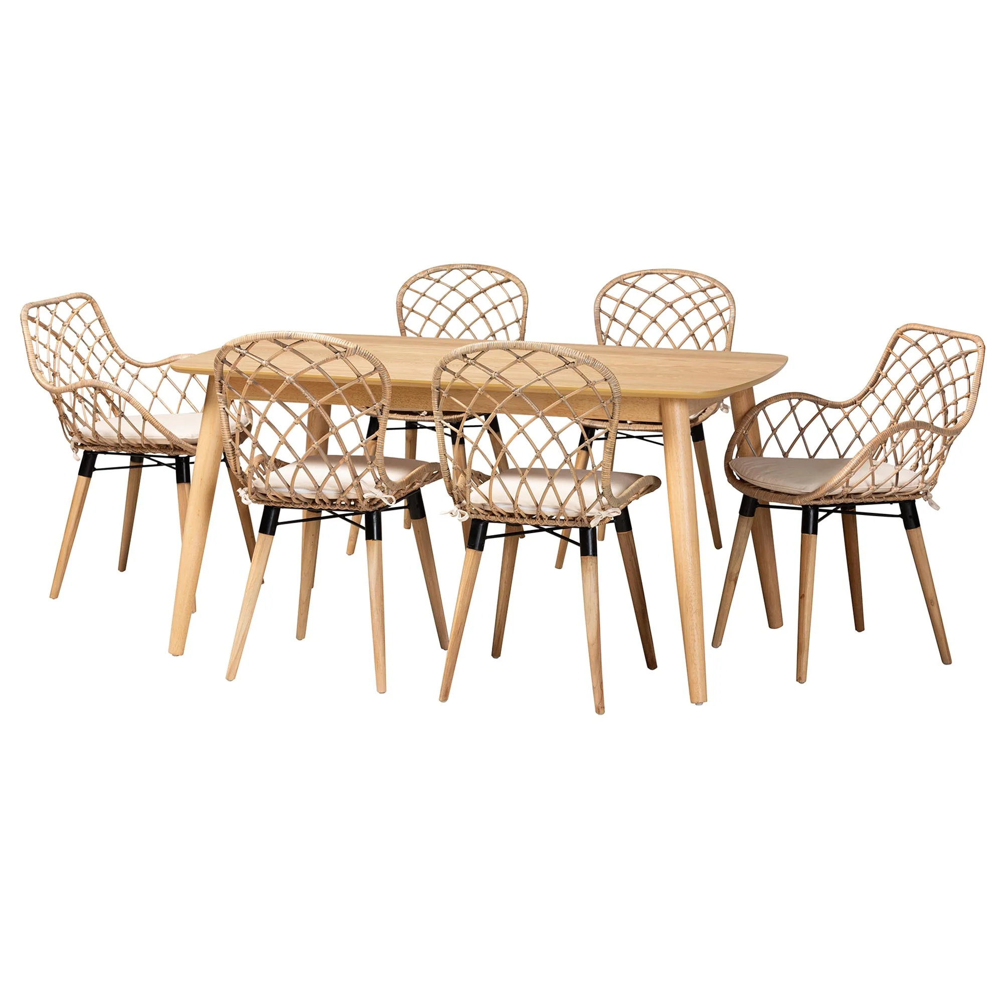 Baxton Studio Gedali Modern Bohemian Greywashed Rattan and Natural Brown Finished Wood 7-Piece Dining Set - Image 5