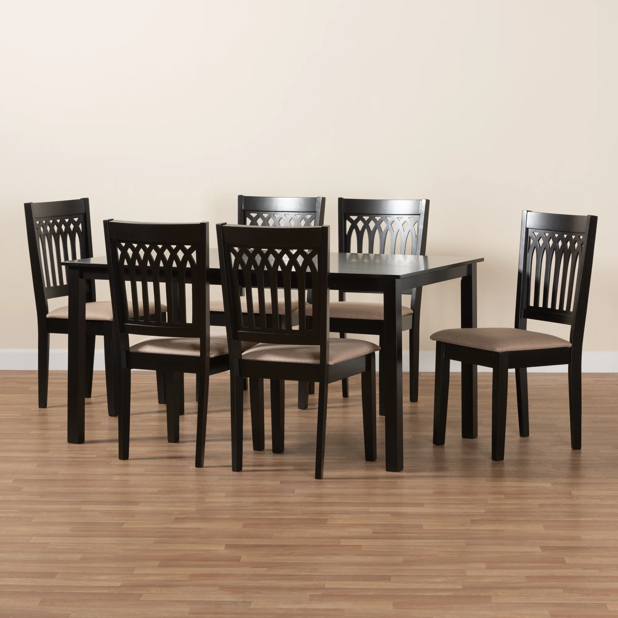 Baxton Studio Genesis Modern Beige Fabric and Dark Brown Finished Wood 7-Piece Dining Set - Image 2