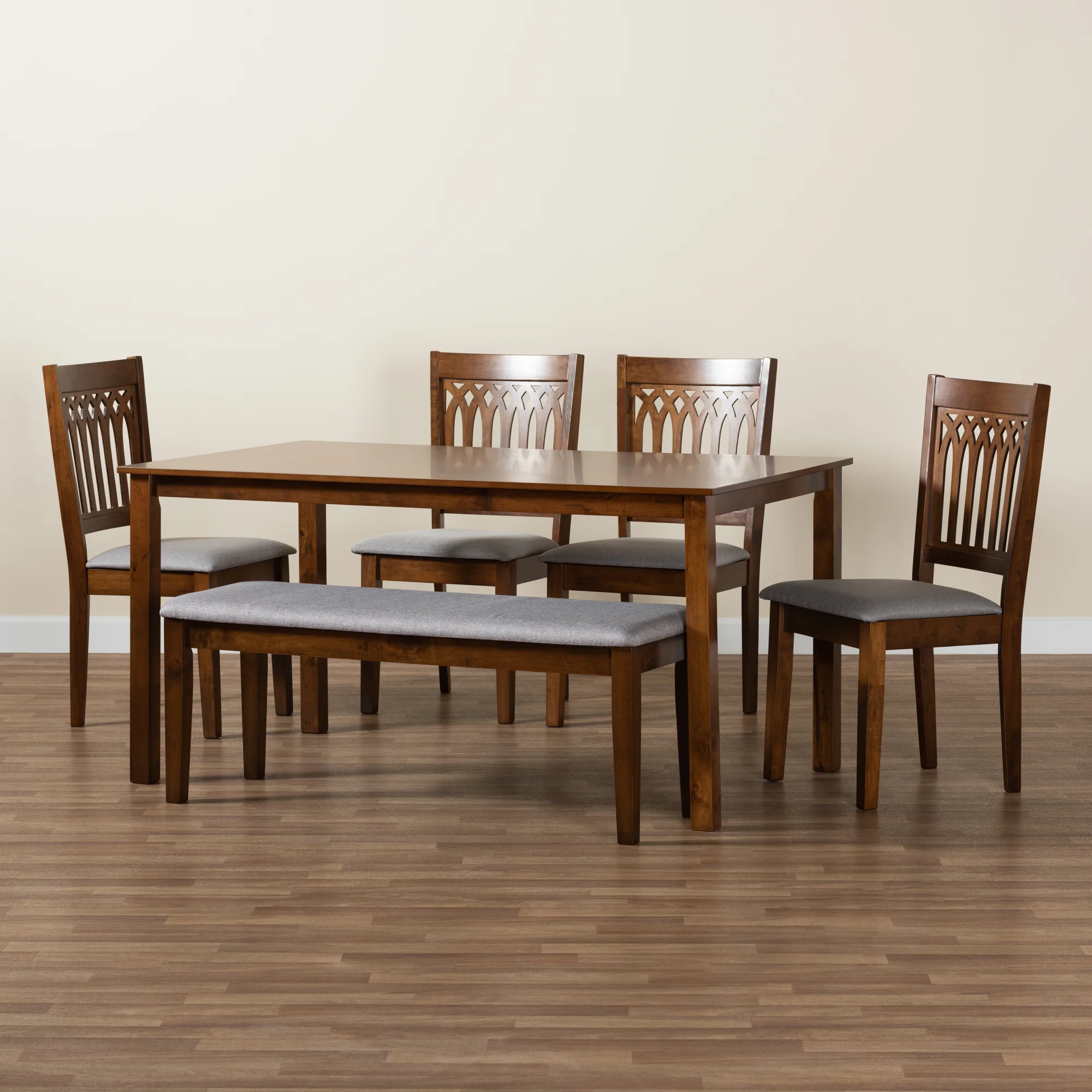 Baxton Studio Genesis Modern Grey Fabric and Walnut Brown Finished Wood 6-Piece Dining Set - Image 3