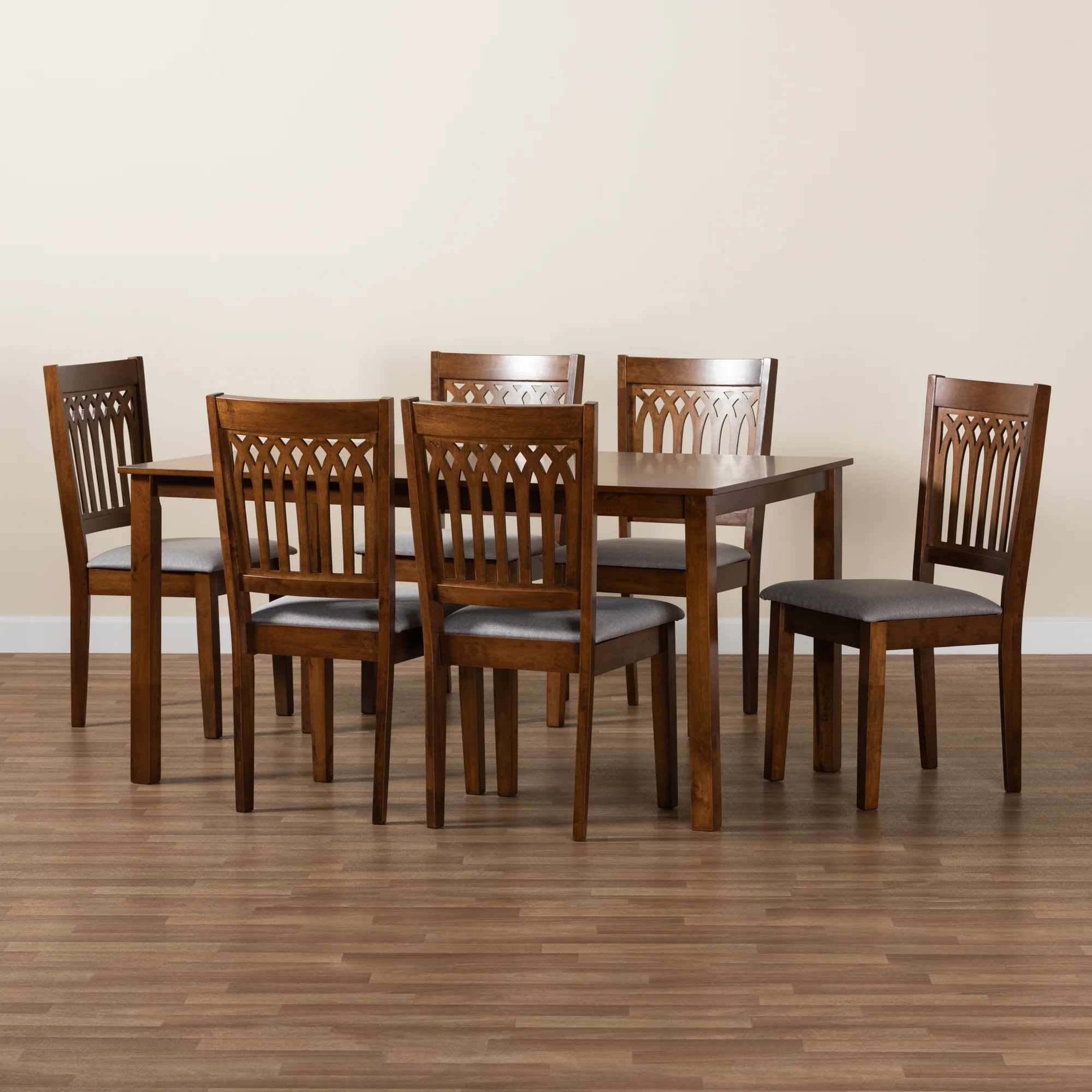 Baxton Studio Genesis Modern Grey Fabric and Walnut Brown Finished Wood 7-Piece Dining Set - Image 2