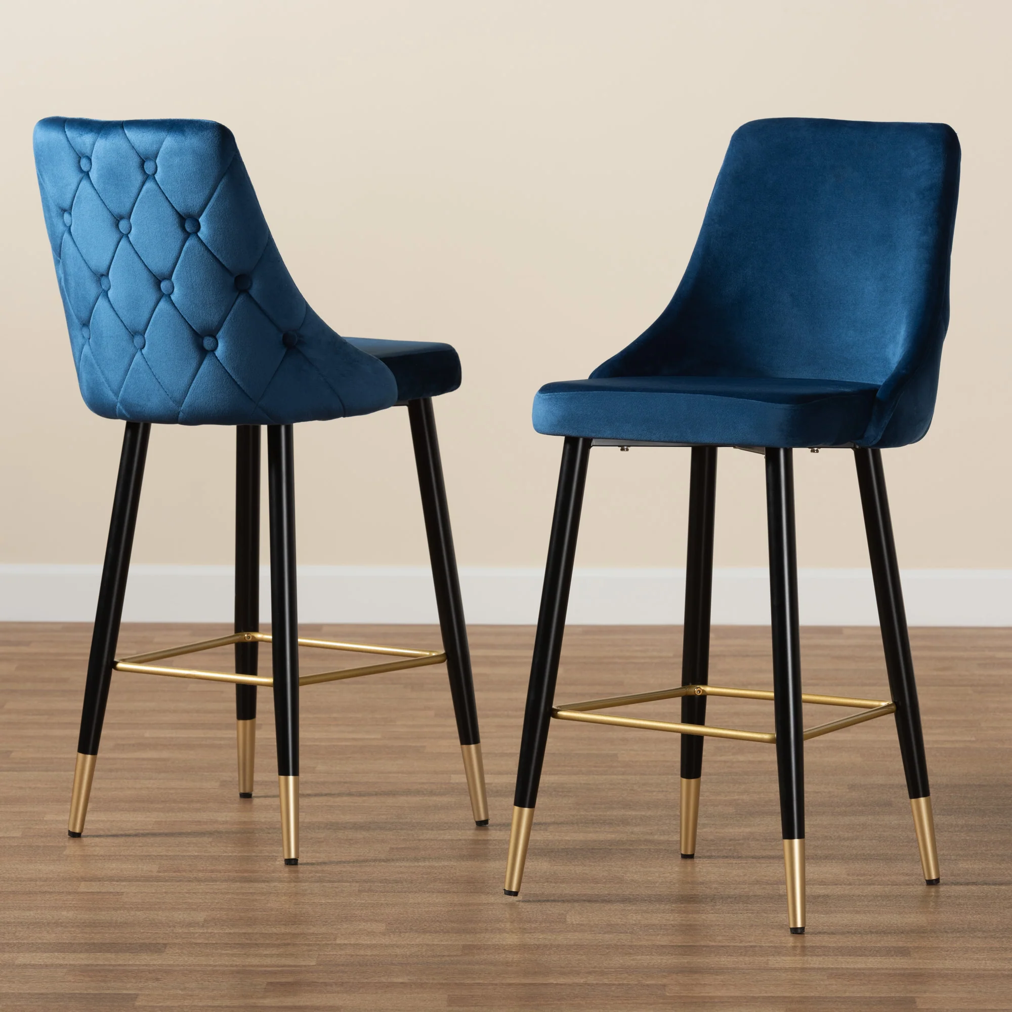 Baxton Studio Giada Contemporary Glam and Luxe Navy Blue Velvet Fabric and Dark Brown Finished Wood 2-Piece Bar Stool Set - Image 2