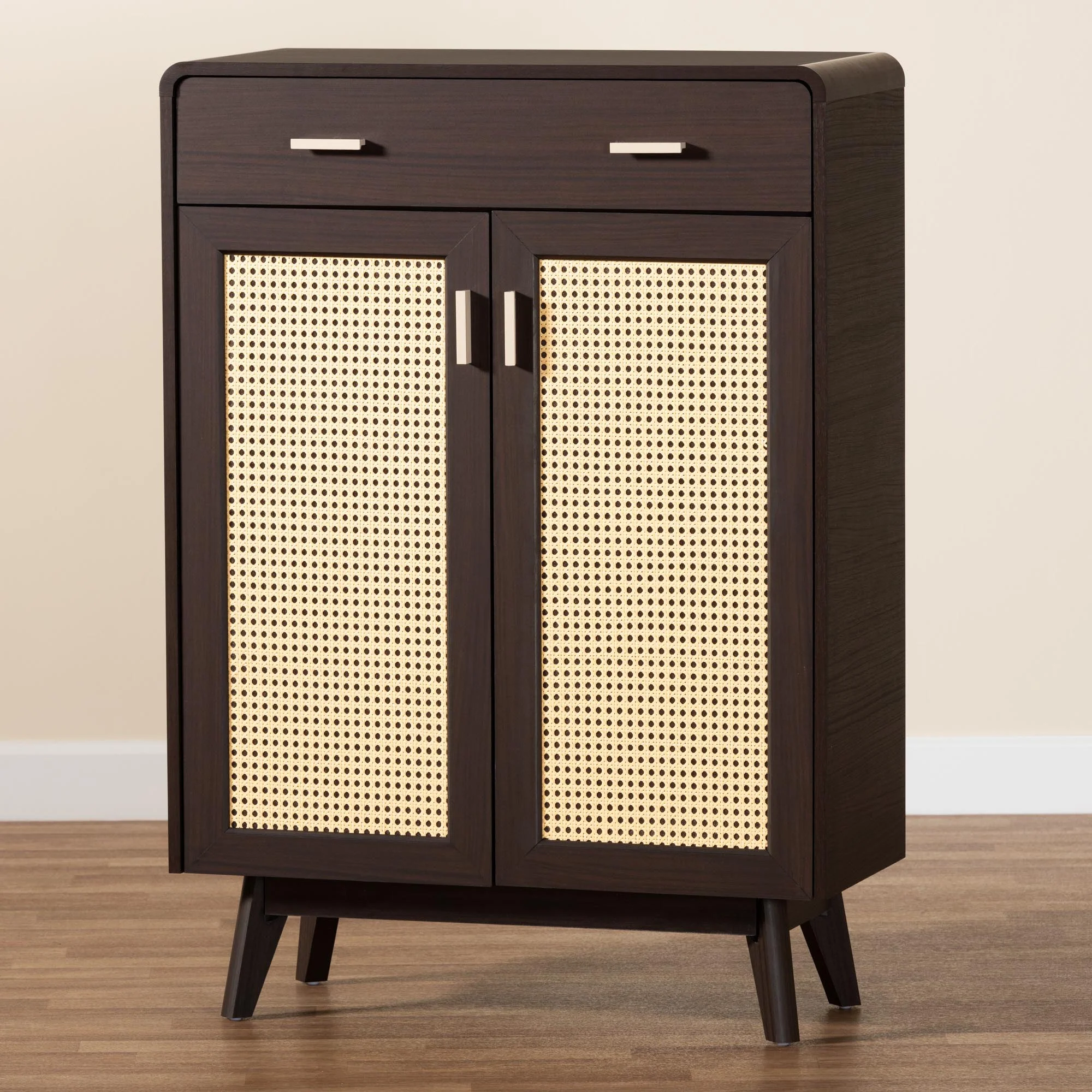 Baxton Studio Giancarlo Mid-Century Modern Espresso Brown Wood 2-Door Shoe Cabinet with Rattan Door - Image 10