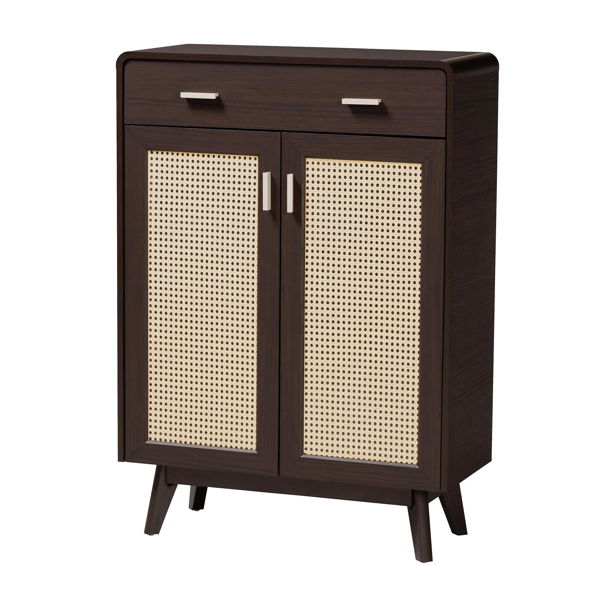 Baxton Studio Giancarlo Mid-Century Modern Espresso Brown Wood 2-Door Shoe Cabinet with Rattan Door - Image 2