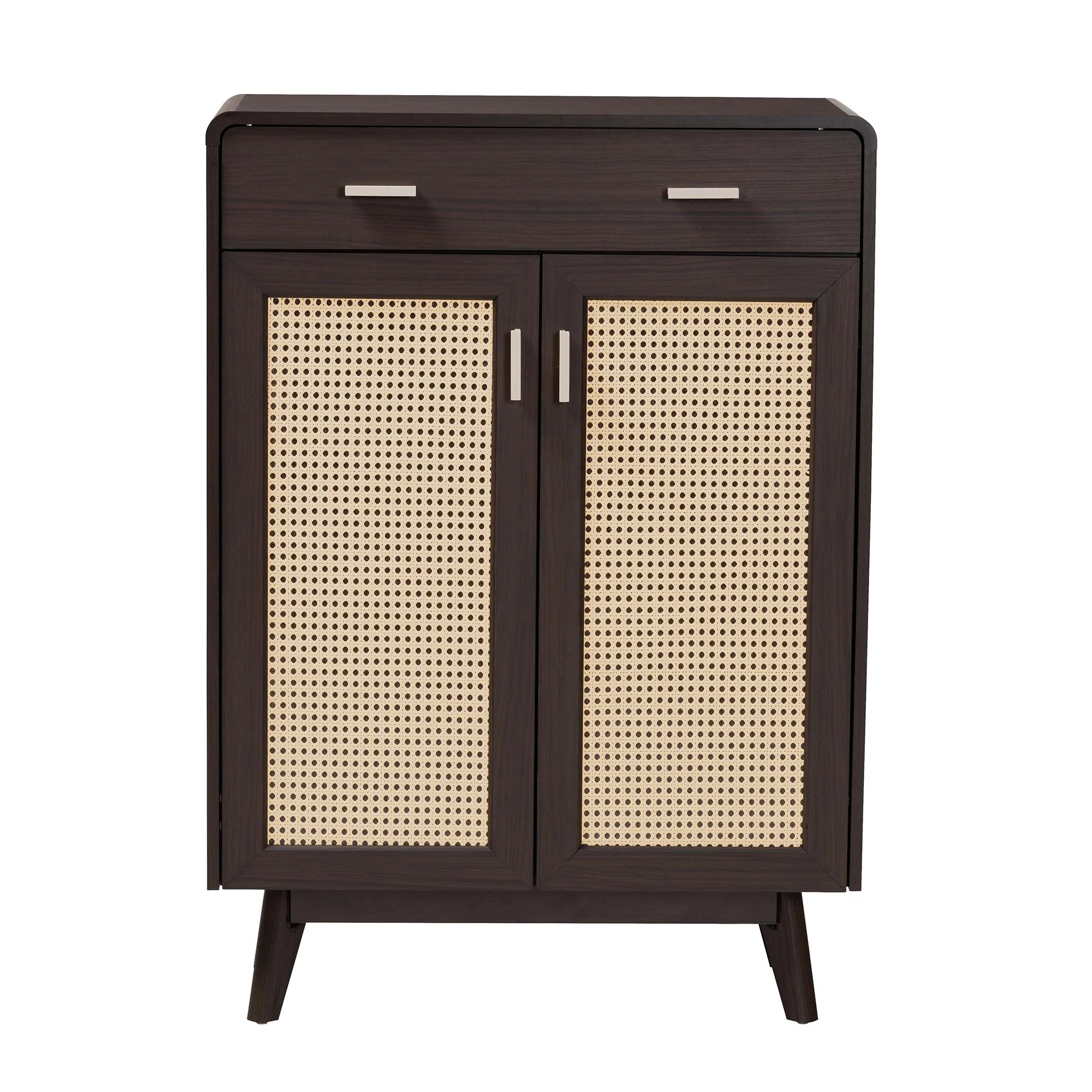 Baxton Studio Giancarlo Mid-Century Modern Espresso Brown Wood 2-Door Shoe Cabinet with Rattan Door - Image 4