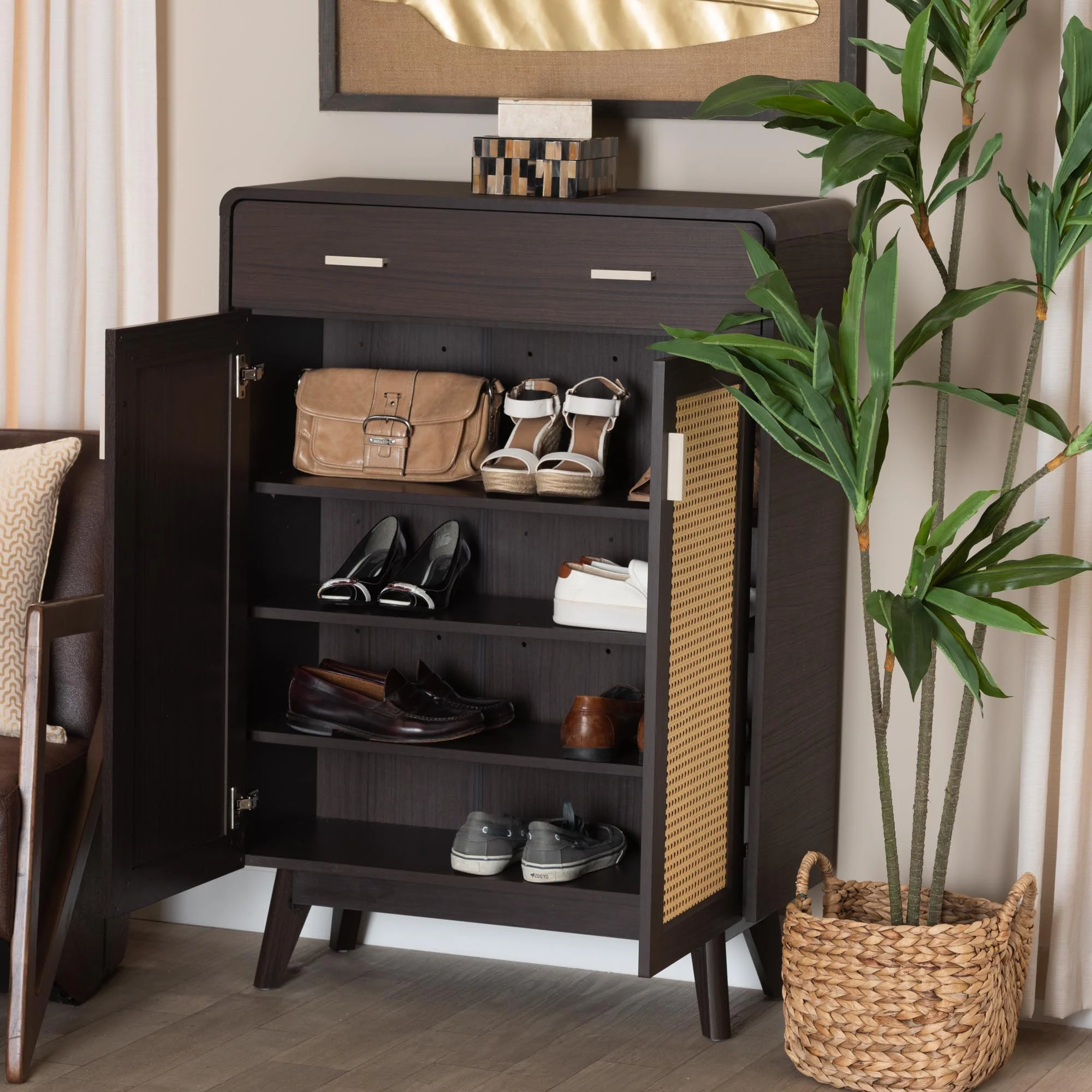 Baxton Studio Giancarlo Mid-Century Modern Espresso Brown Wood 2-Door Shoe Cabinet with Rattan Door - Image 9
