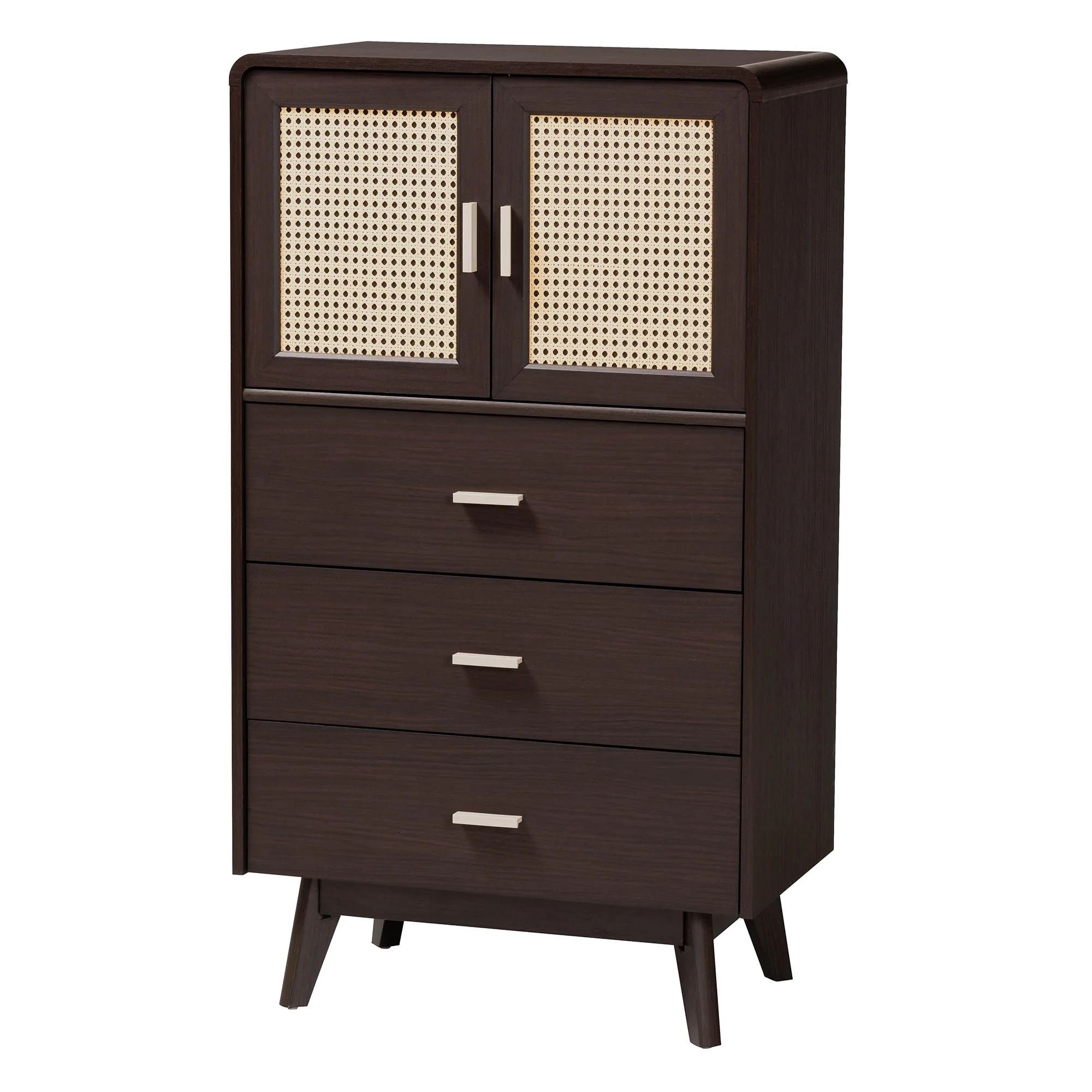 Baxton Studio Giancarlo Mid-Century Modern Espresso Brown Wood 3-Drawer Storage Chest with Rattan door - Image 2