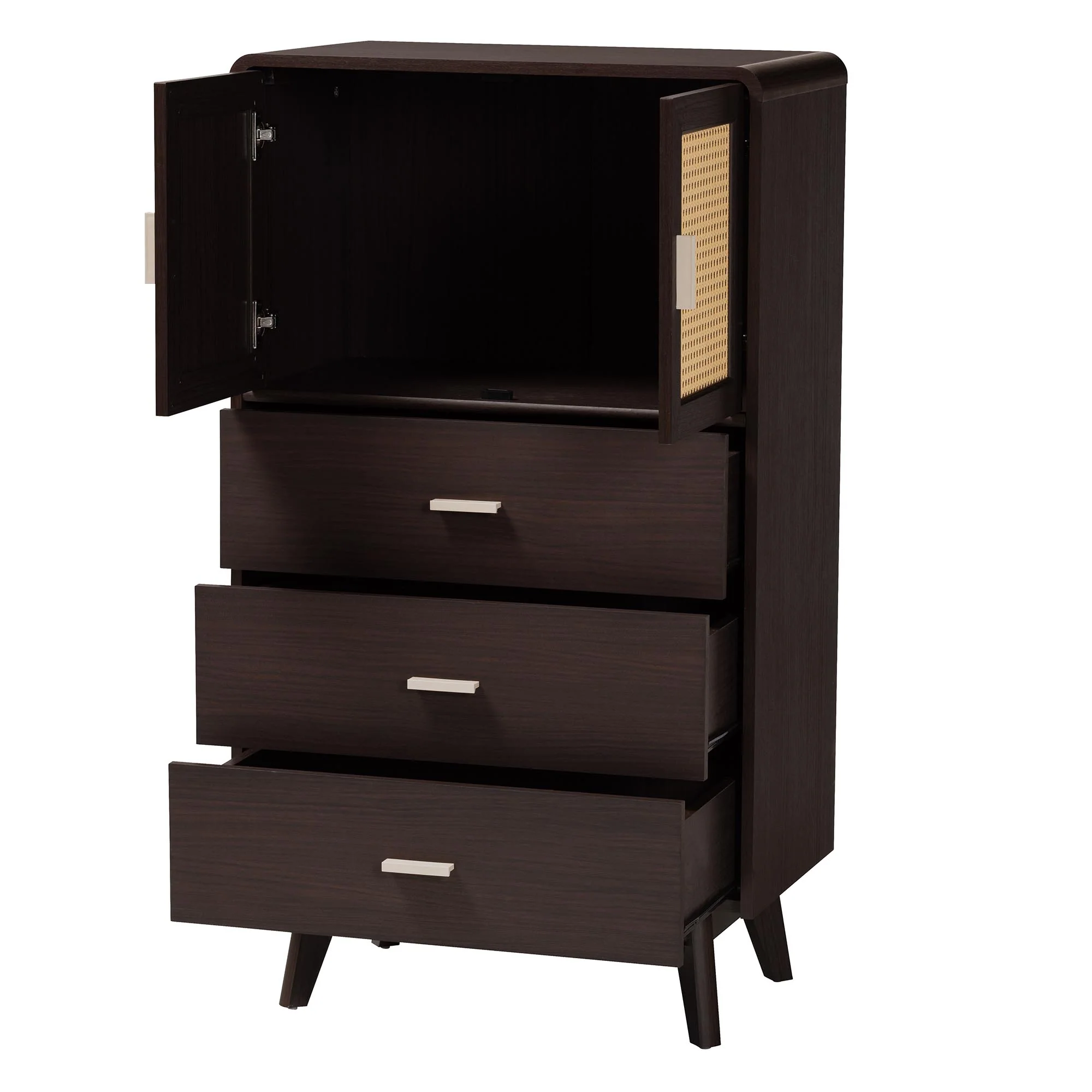 Baxton Studio Giancarlo Mid-Century Modern Espresso Brown Wood 3-Drawer Storage Chest with Rattan door - Image 3