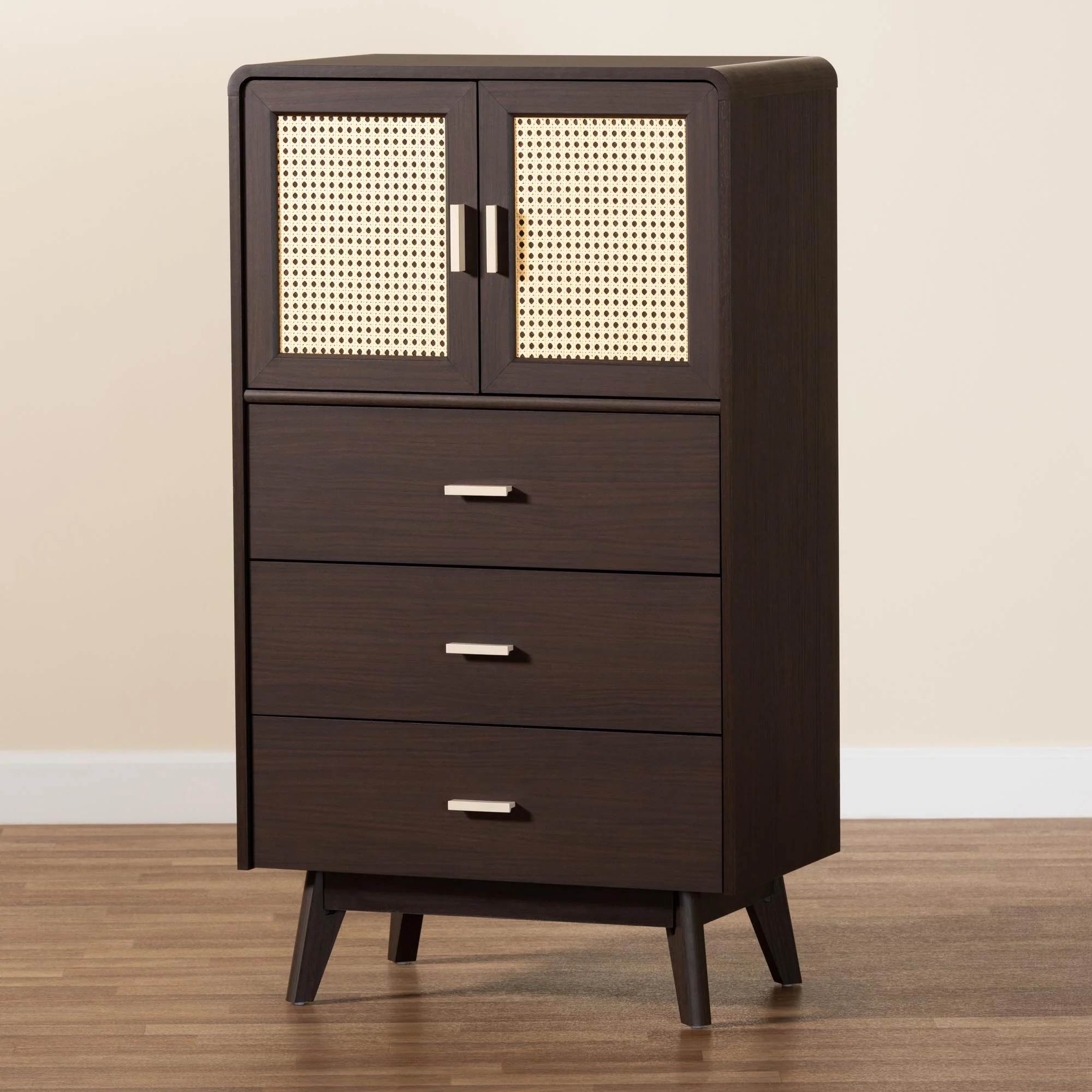 Baxton Studio Giancarlo Mid-Century Modern Espresso Brown Wood 3-Drawer Storage Chest with Rattan door - Image 9
