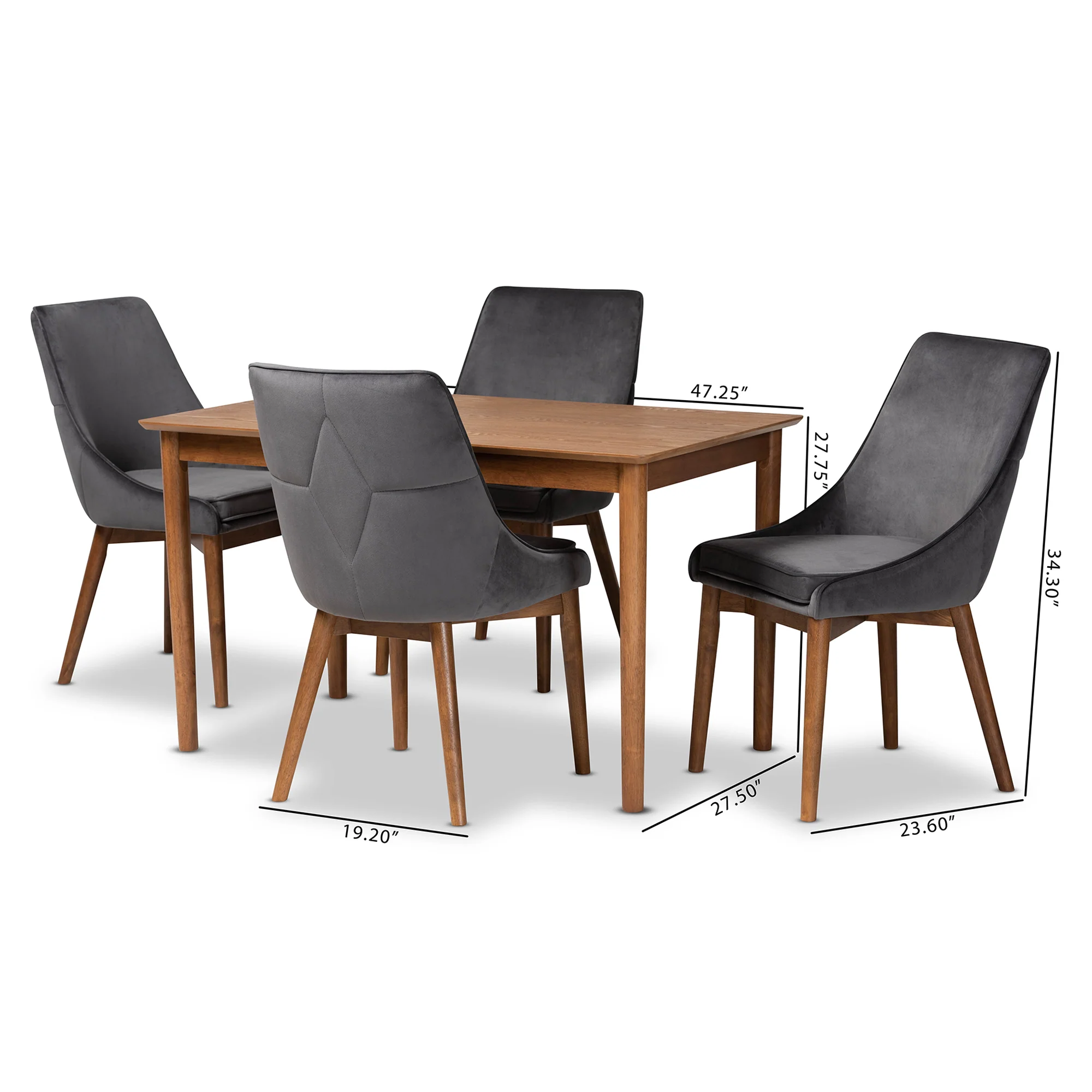 Baxton Studio Gilmore Modern and Contemporary Grey Velvet Fabric Upholstered and Walnut Brown Finished Wood 5-Piece Dining Set - Image 8
