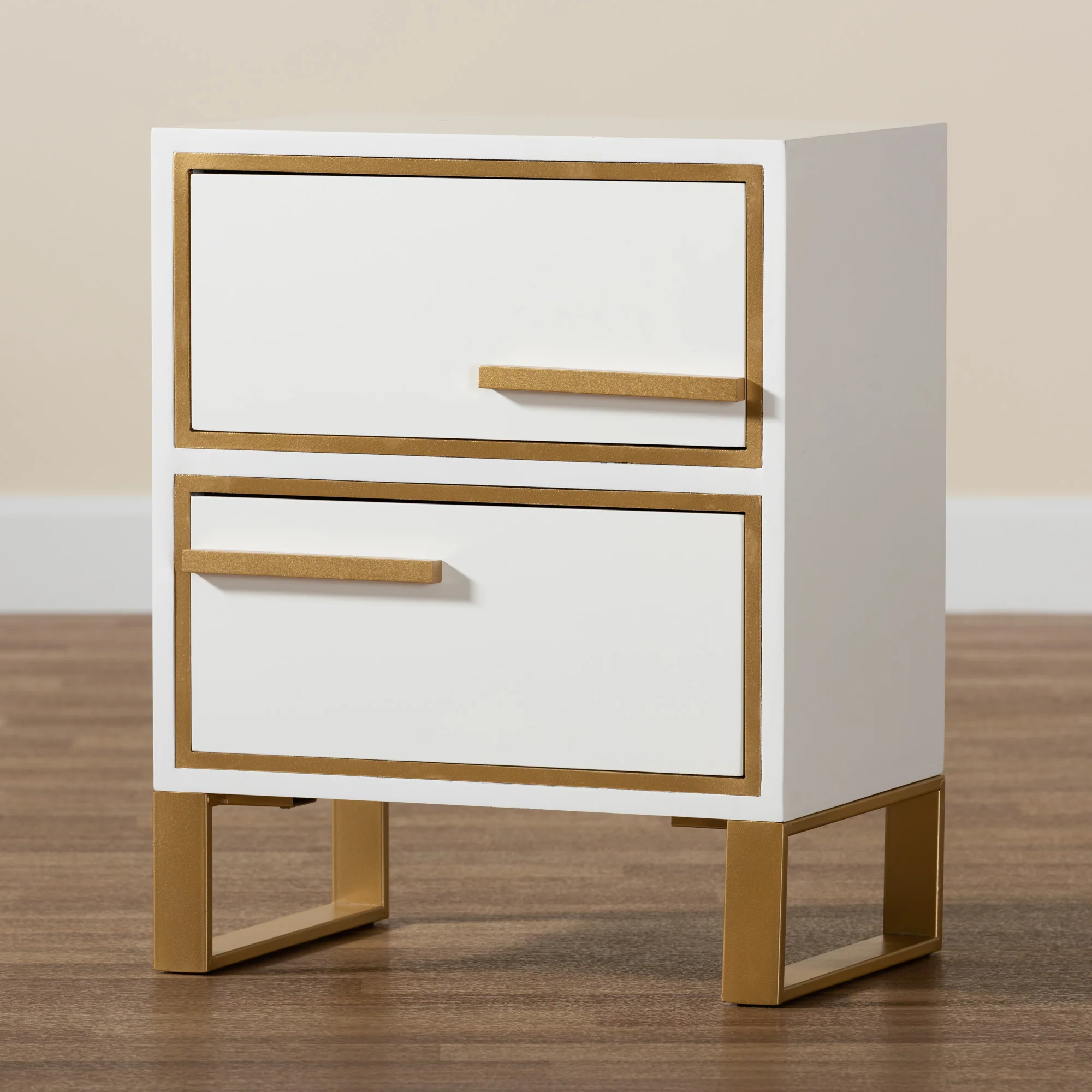 Baxton Studio Giolla Contemporary Glam and Luxe White Finished Wood and Gold Metal 2-Drawer End Table - Image 2
