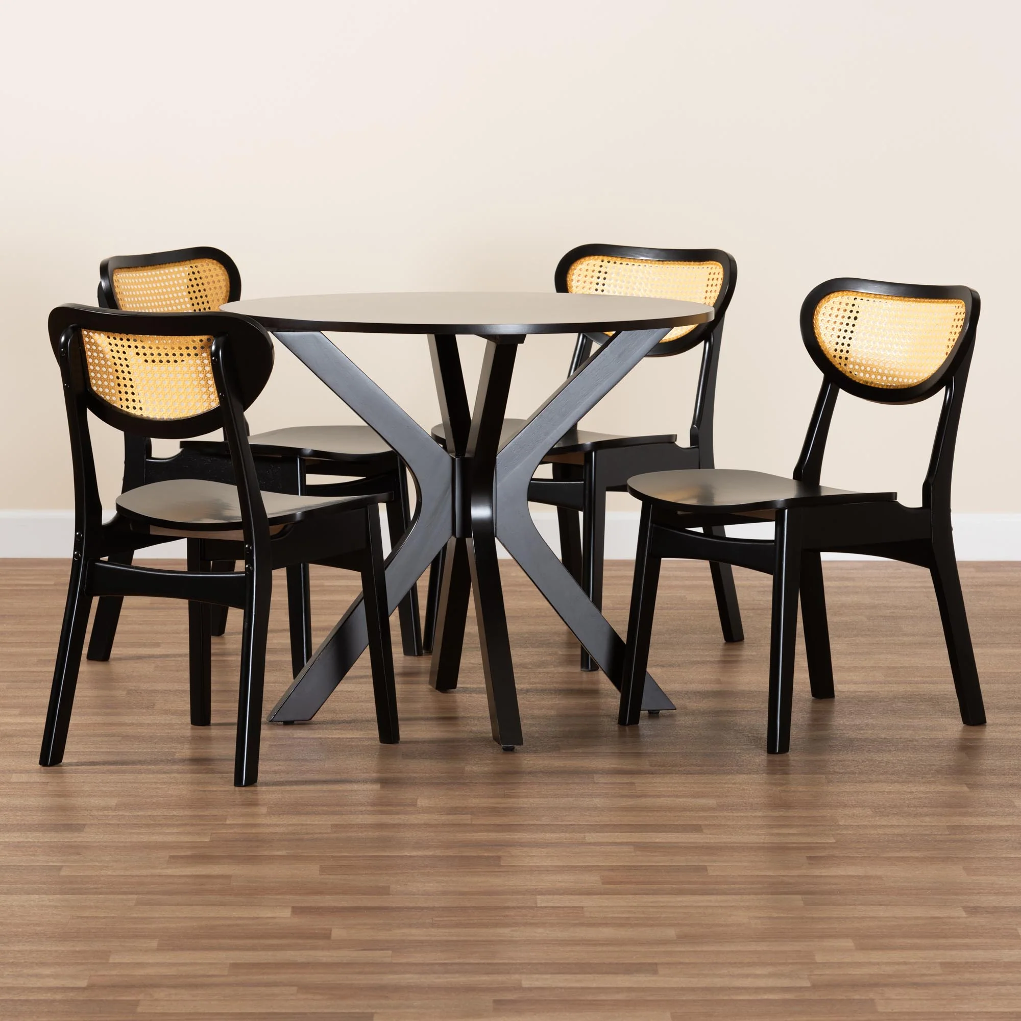 Baxton Studio Giuliana Mid-Century Modern Dark Brown Finished Wood and Woven Rattan 5-Piece Dining Set - Image 2