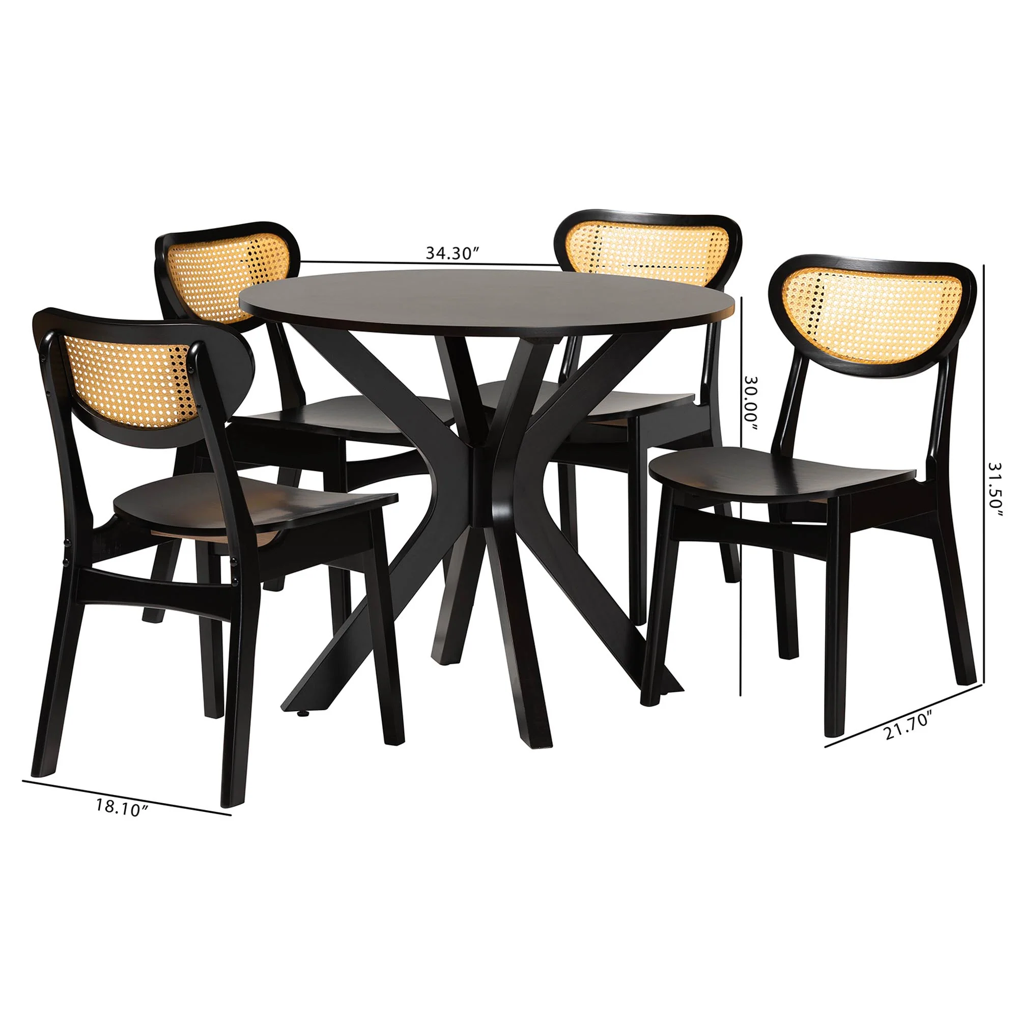 Baxton Studio Giuliana Mid-Century Modern Dark Brown Finished Wood and Woven Rattan 5-Piece Dining Set - Image 3
