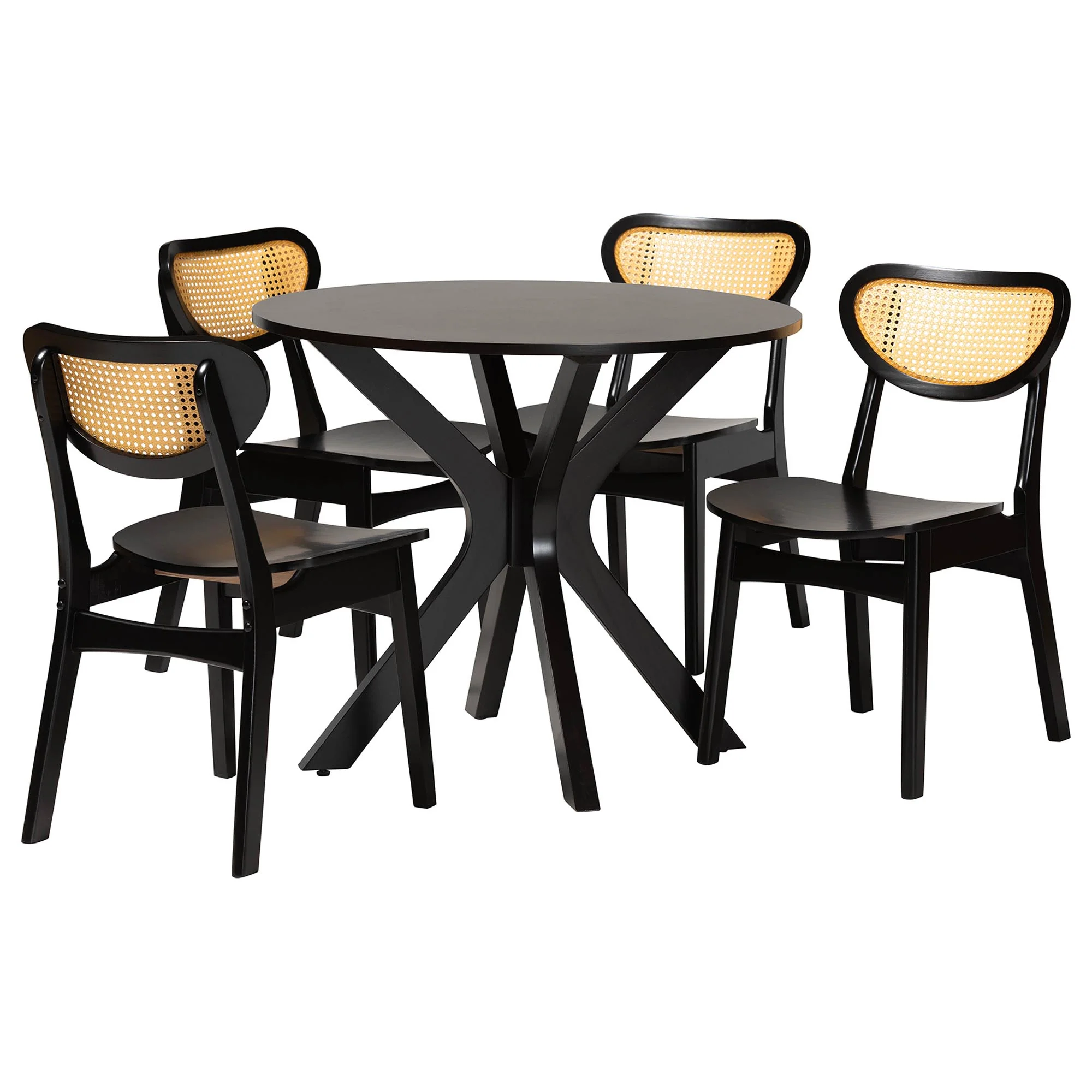 Baxton Studio Giuliana Mid-Century Modern Dark Brown Finished Wood and Woven Rattan 5-Piece Dining Set - Image 4
