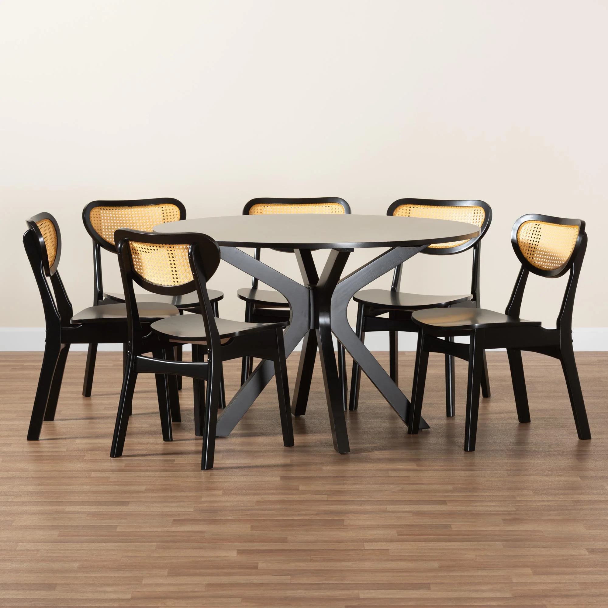 Baxton Studio Giuliana Mid-Century Modern Dark Brown Finished Wood and Woven Rattan 7-Piece Dining Set - Image 2
