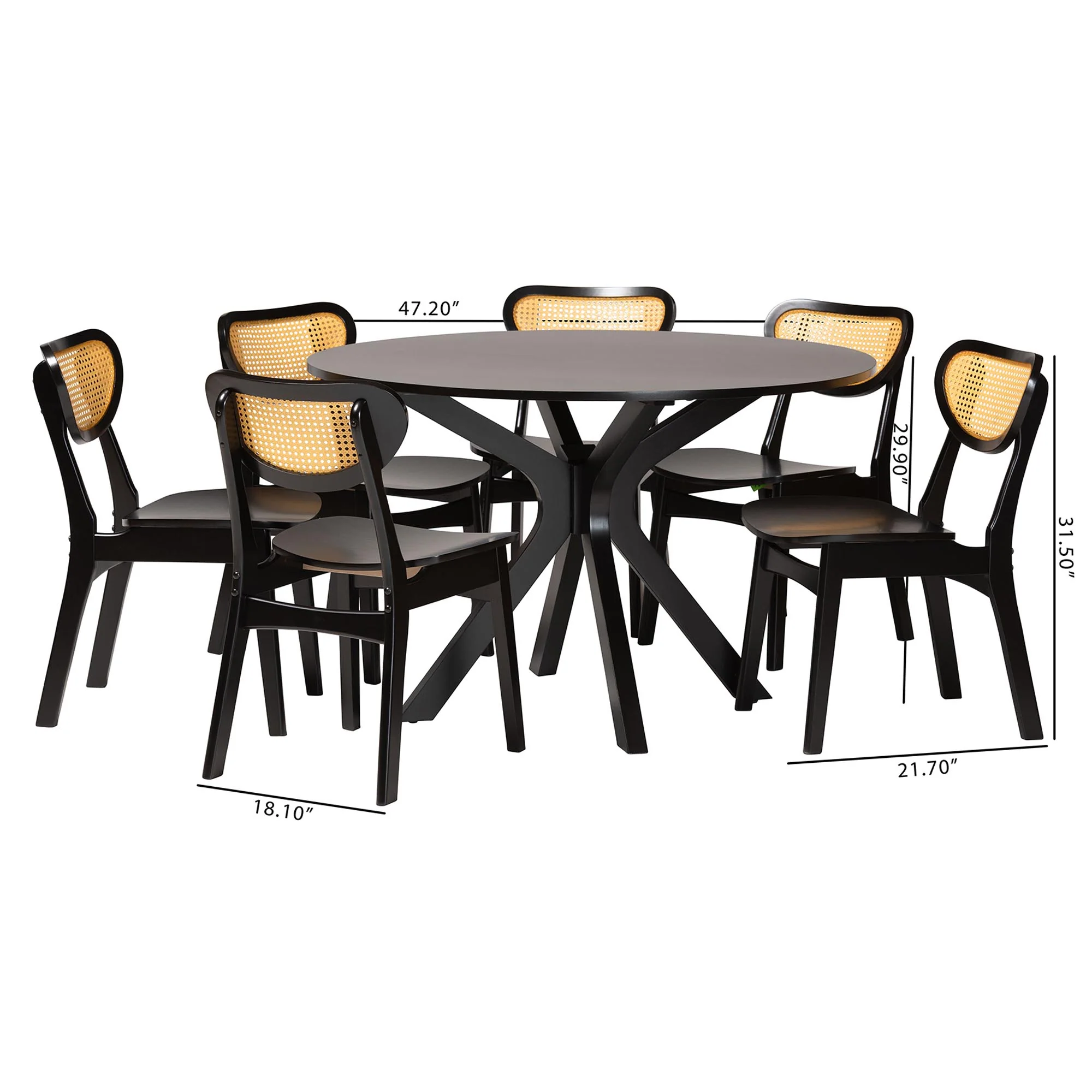 Baxton Studio Giuliana Mid-Century Modern Dark Brown Finished Wood and Woven Rattan 7-Piece Dining Set - Image 3
