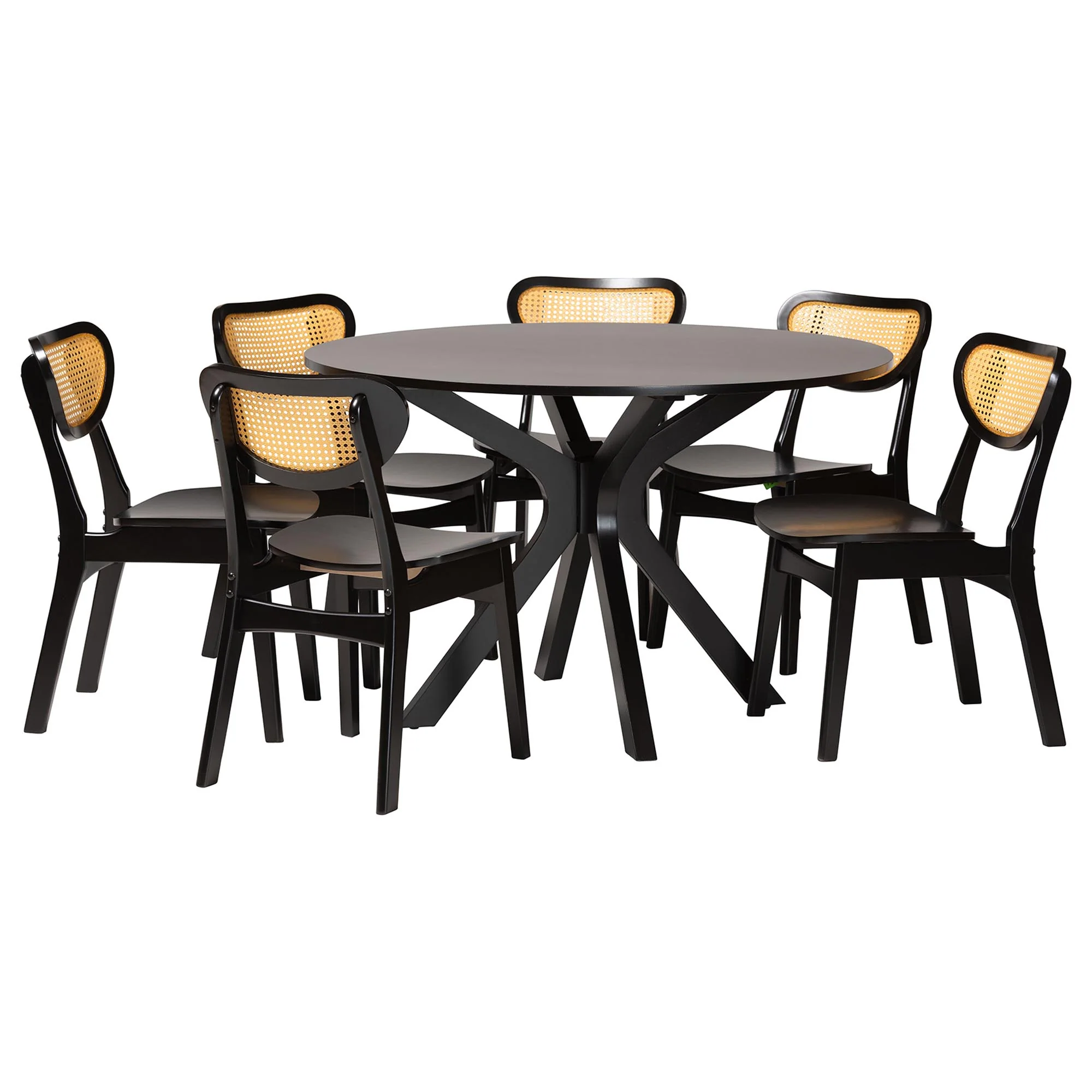 Baxton Studio Giuliana Mid-Century Modern Dark Brown Finished Wood and Woven Rattan 7-Piece Dining Set - Image 4
