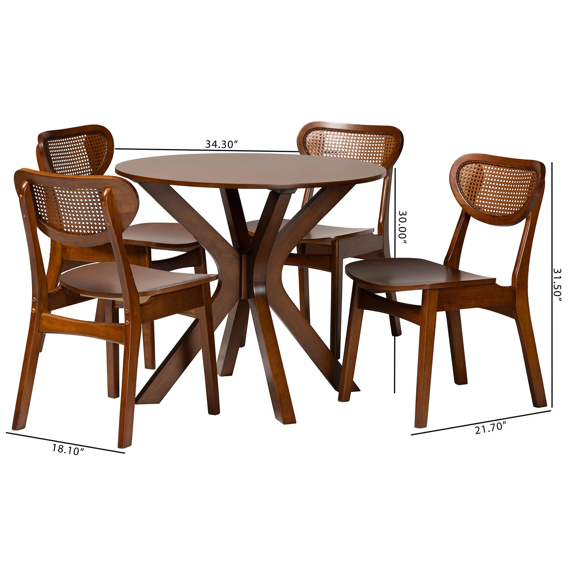 Baxton Studio Giuliana Mid-Century Modern Walnut Brown Finished Wood and Woven Rattan 5-Piece Dining Set - Image 10