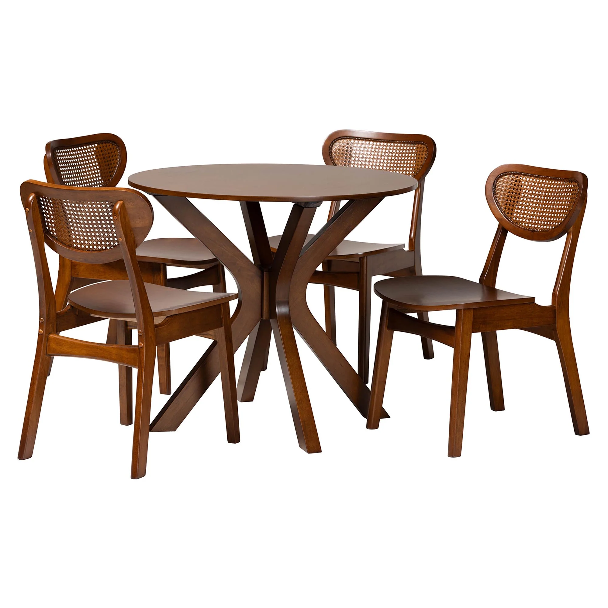 Baxton Studio Giuliana Mid-Century Modern Walnut Brown Finished Wood and Woven Rattan 5-Piece Dining Set - Image 2