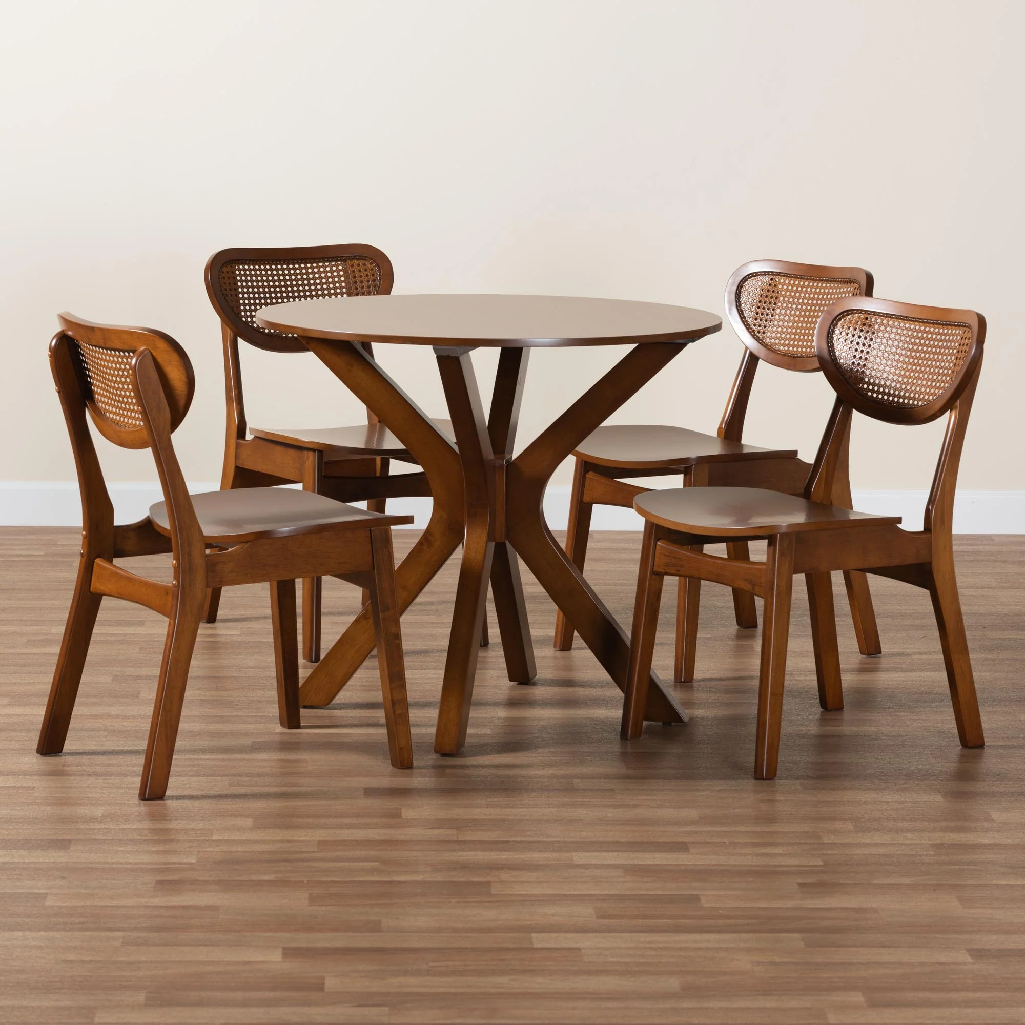 Baxton Studio Giuliana Mid-Century Modern Walnut Brown Finished Wood and Woven Rattan 5-Piece Dining Set - Image 9
