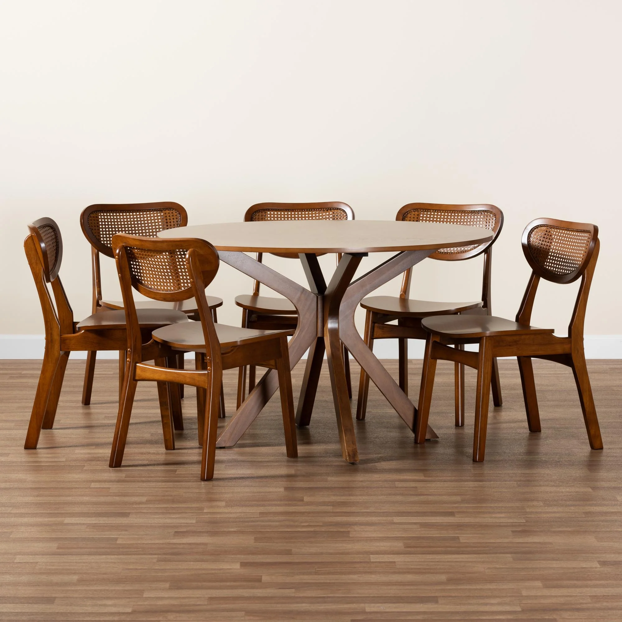 Baxton Studio Giuliana Mid-Century Modern Walnut Brown Finished Wood and Woven Rattan 7-Piece Dining Set - Image 2