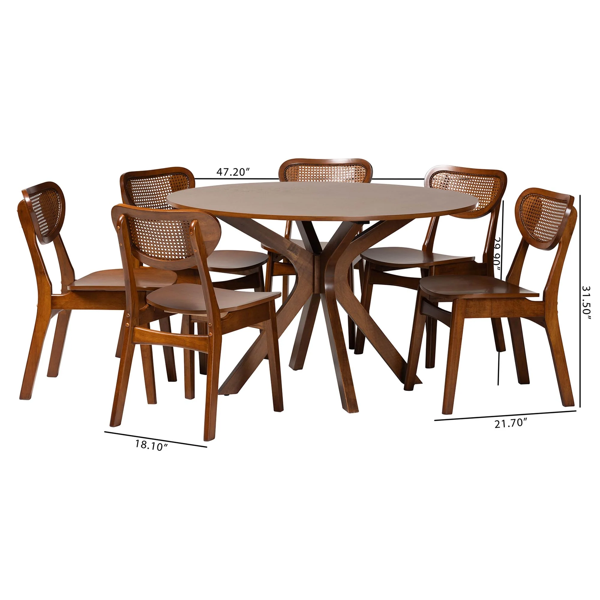 Baxton Studio Giuliana Mid-Century Modern Walnut Brown Finished Wood and Woven Rattan 7-Piece Dining Set - Image 3