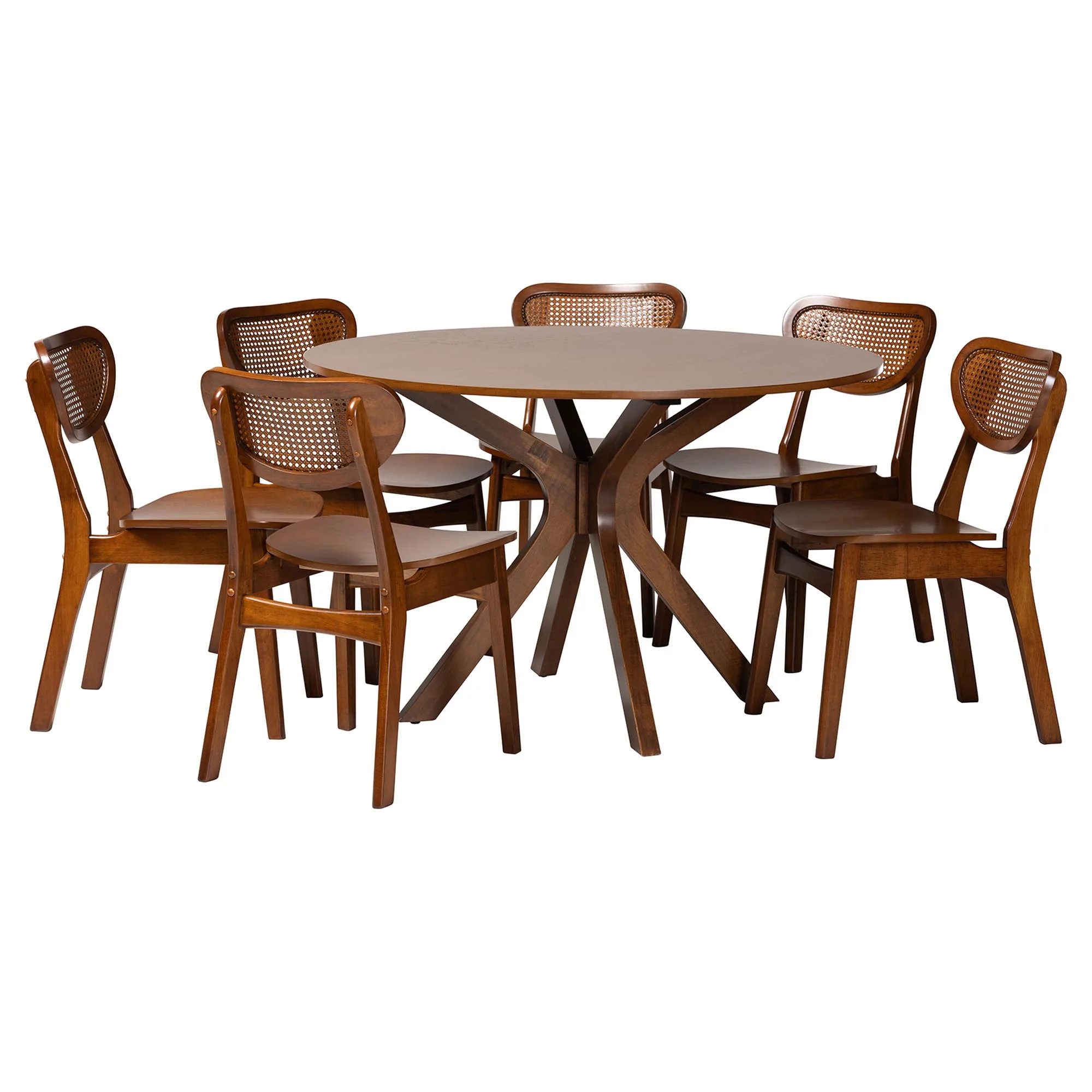 Baxton Studio Giuliana Mid-Century Modern Walnut Brown Finished Wood and Woven Rattan 7-Piece Dining Set - Image 4