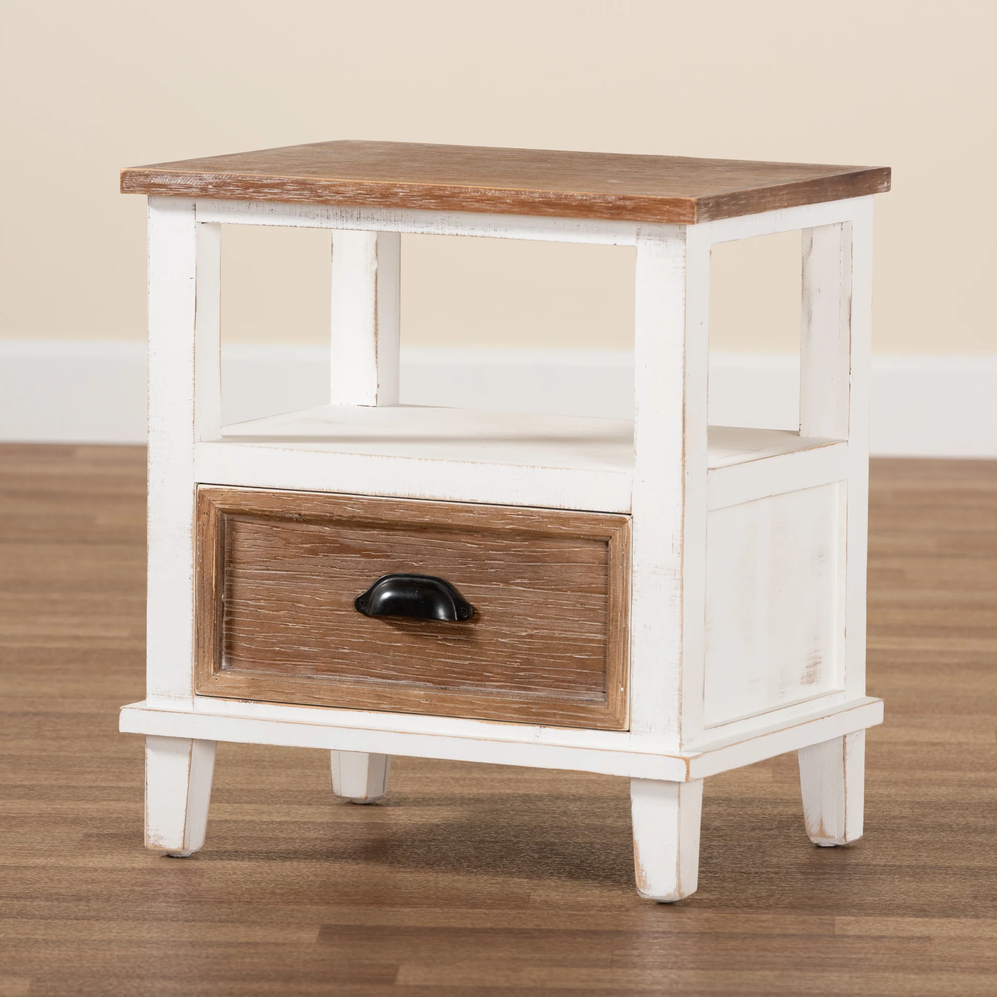 Baxton Studio Glynn Rustic Farmhouse Weathered Two-Tone White and Oak Brown Finished Wood 1-Drawer End Table - Image 2