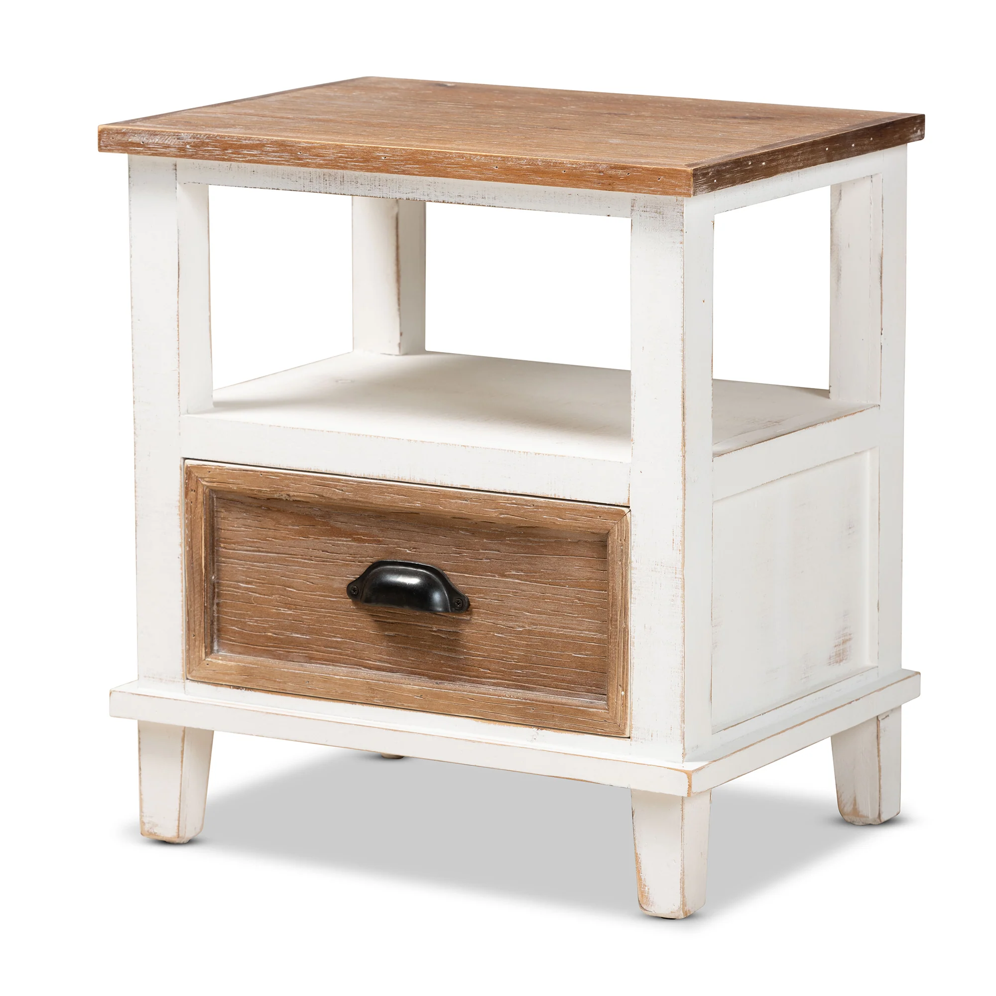 Baxton Studio Glynn Rustic Farmhouse Weathered Two-Tone White and Oak Brown Finished Wood 1-Drawer End Table - Image 4