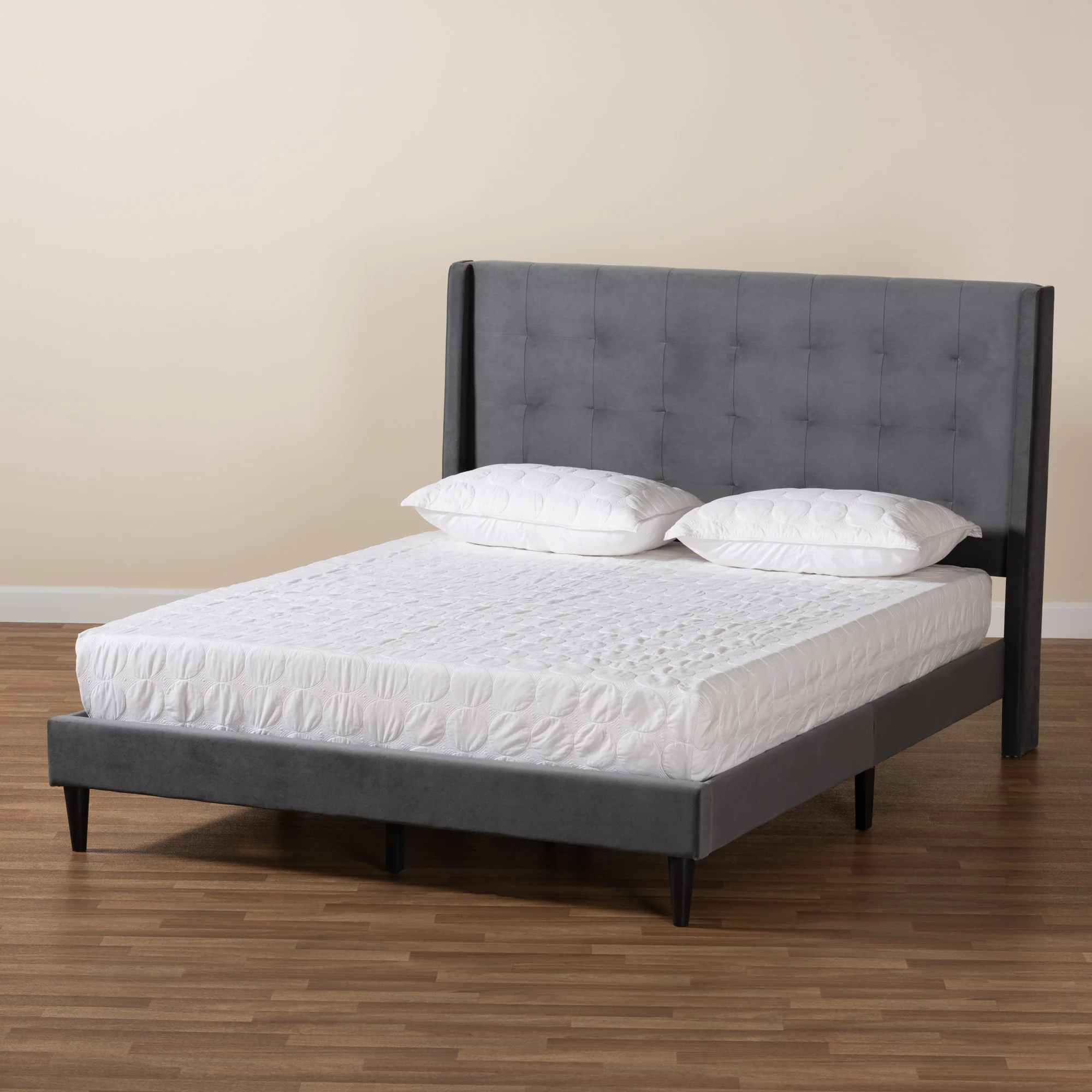 Baxton Studio Gothard Modern and Contemporary Grey Velvet Fabric Upholstered and Dark Brown Finished Wood Queen Size Platform Bed - Image 10