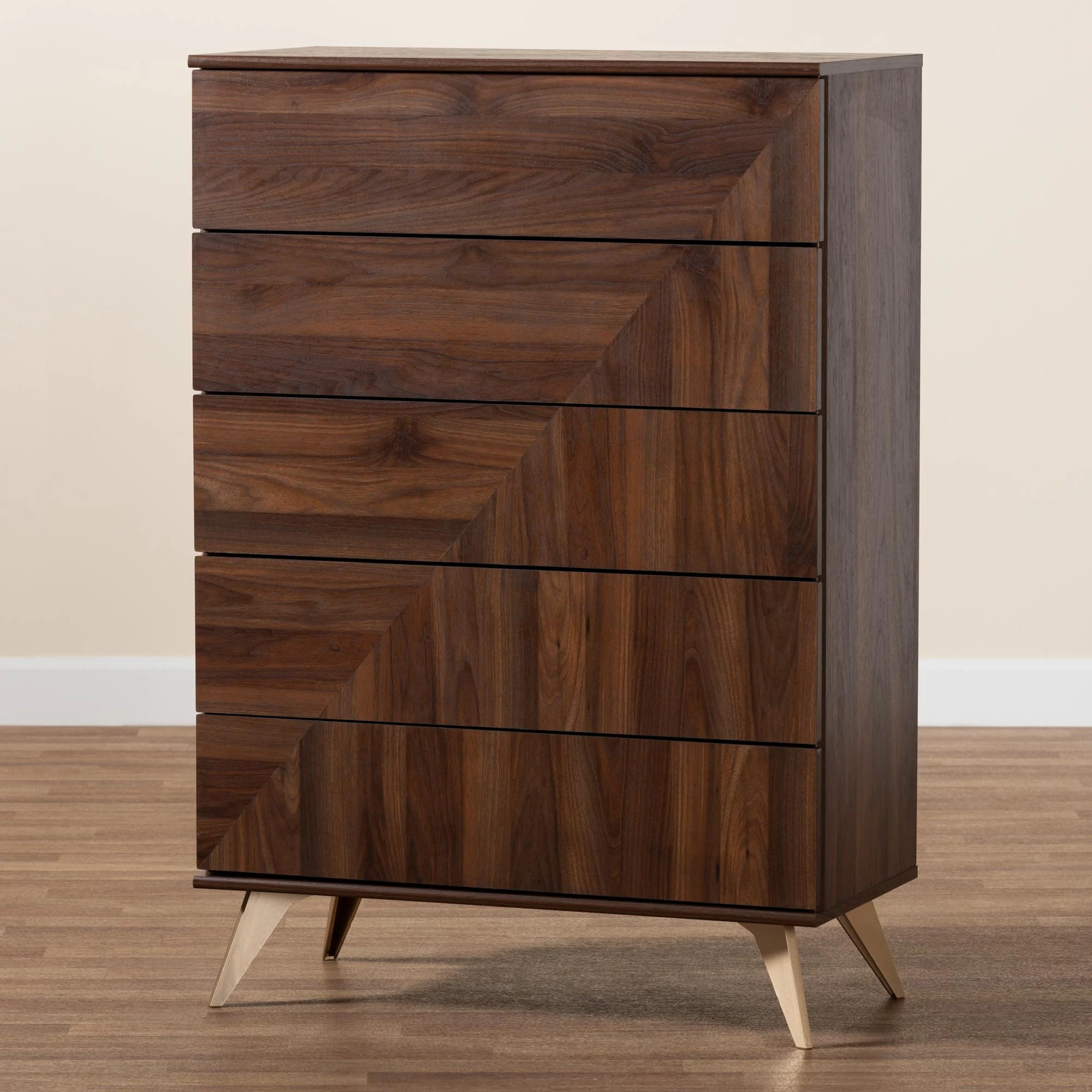 Baxton Studio Graceland Mid-Century Modern Transitional Walnut Brown Finished Wood 5-Drawer Storage Chest - Image 9