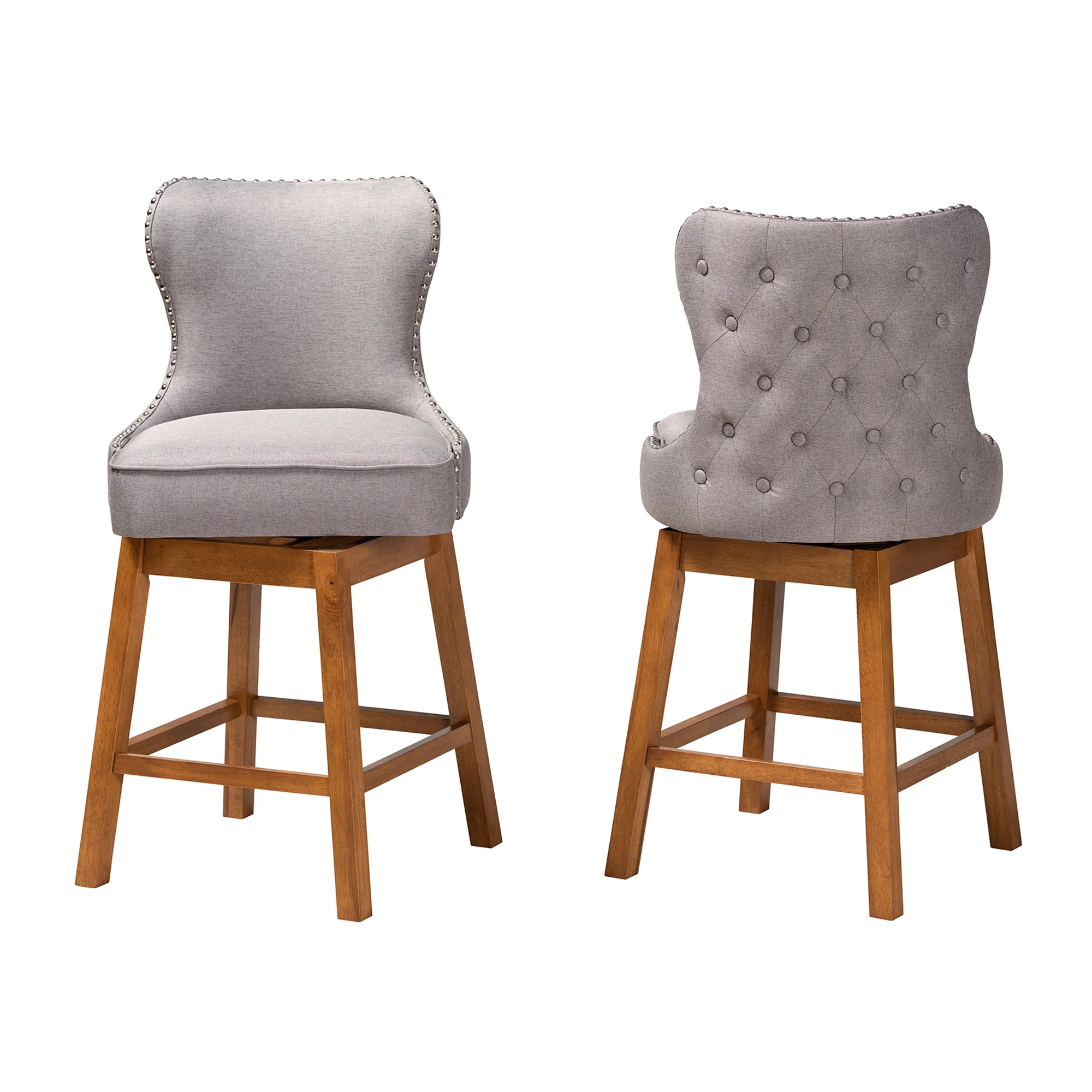 Baxton Studio Gradisca Modern Grey Fabric and Walnut Brown Finished Wood 2-Piece Swivel Counter Stool Set - Image 3