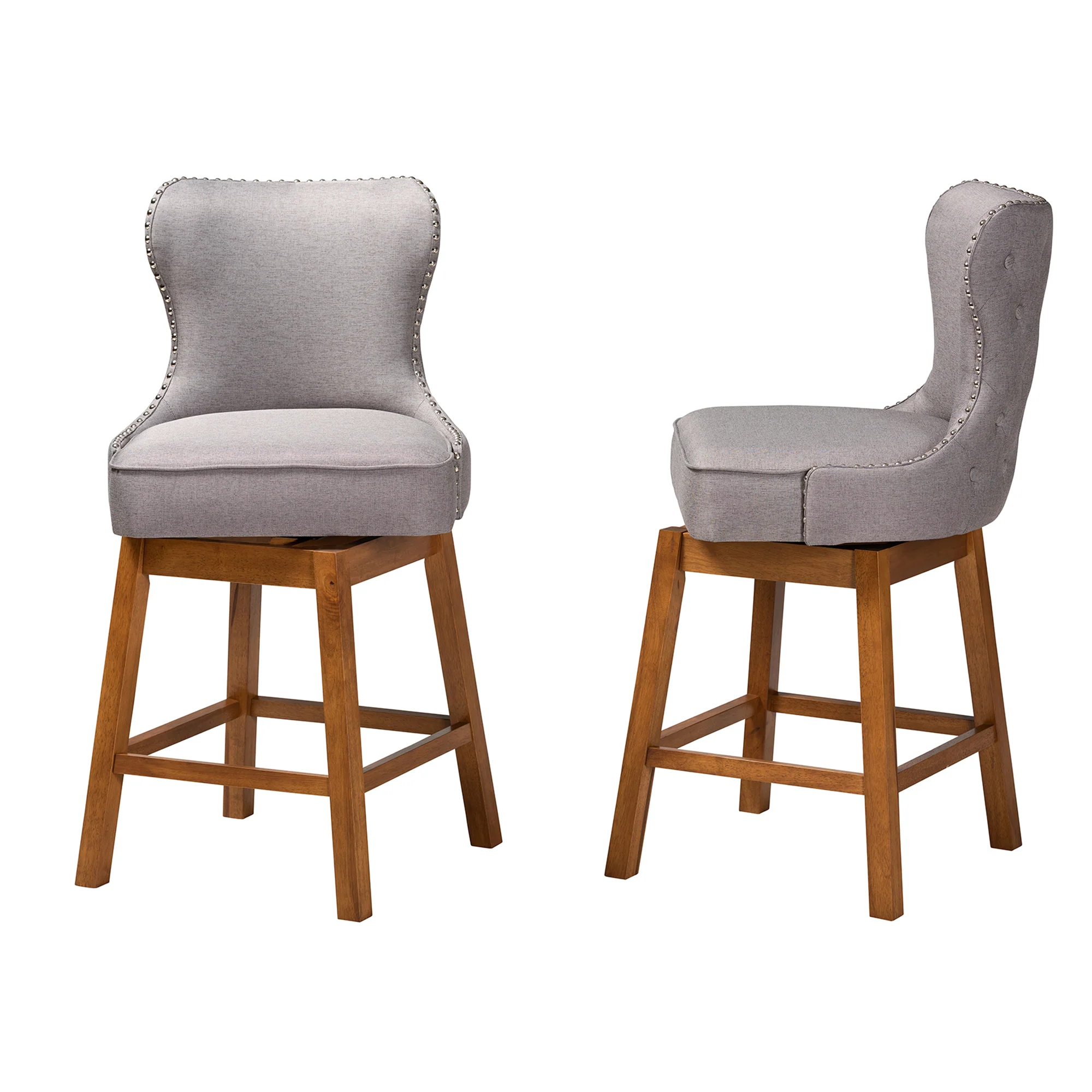 Baxton Studio Gradisca Modern Grey Fabric and Walnut Brown Finished Wood 2-Piece Swivel Counter Stool Set - Image 4